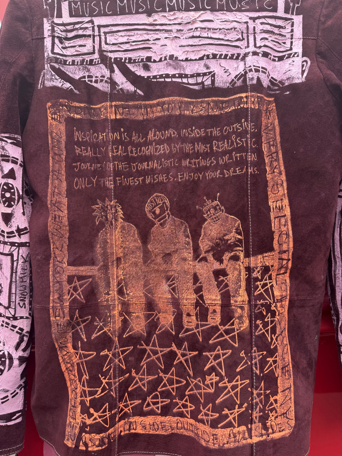 maroon jerry lewis DEADSTOCK screen printed leather jacket, xs