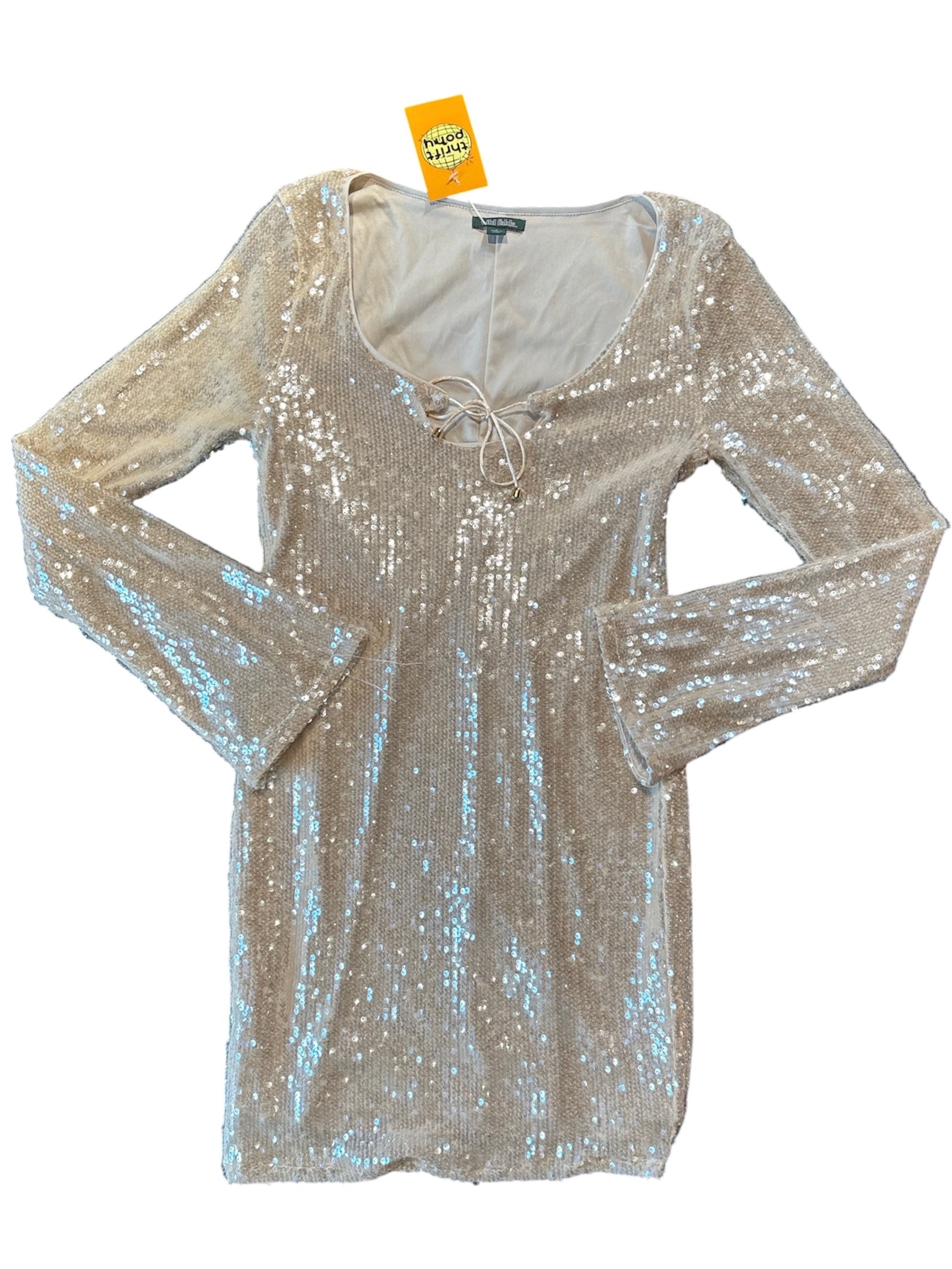 champagne wild fable sequin ls tie mini dres, s
