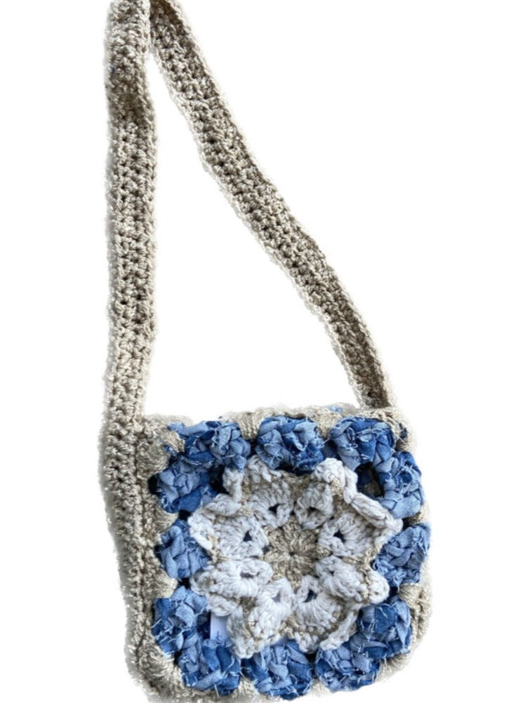 tan white blue handmade upcycled denim crochet small crossbody
