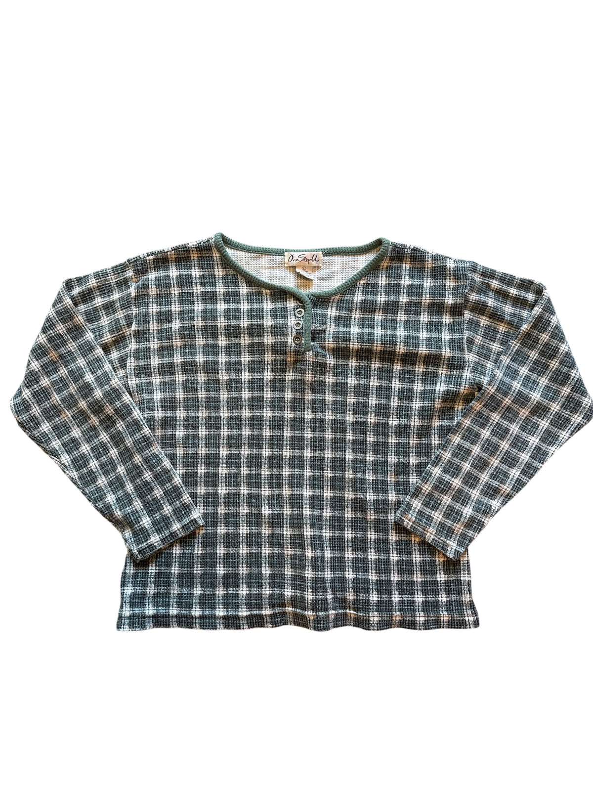 Green One Step Up waffle knit plaid ls, L