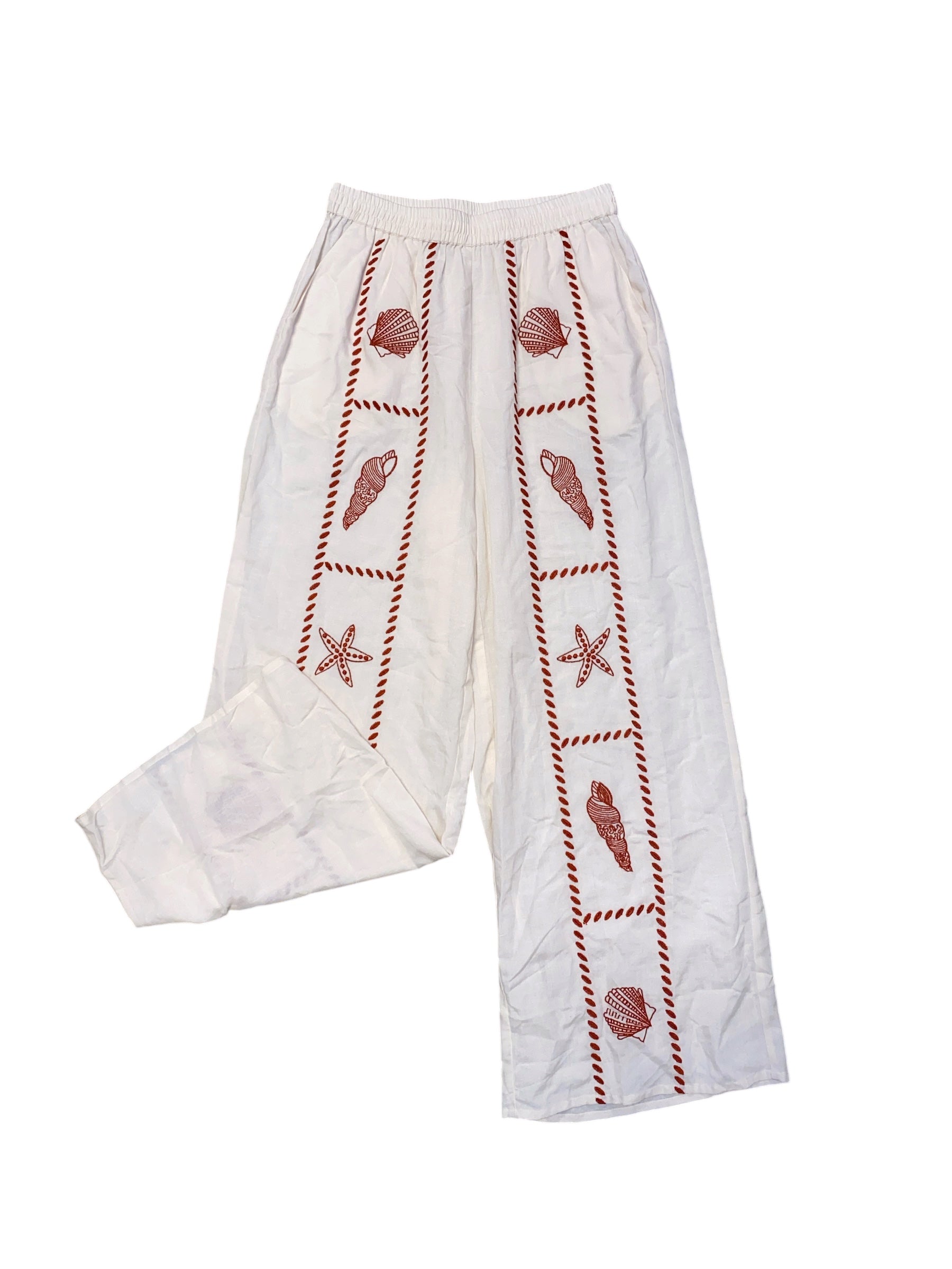 White red Moon or Seashell embroidered pants, S