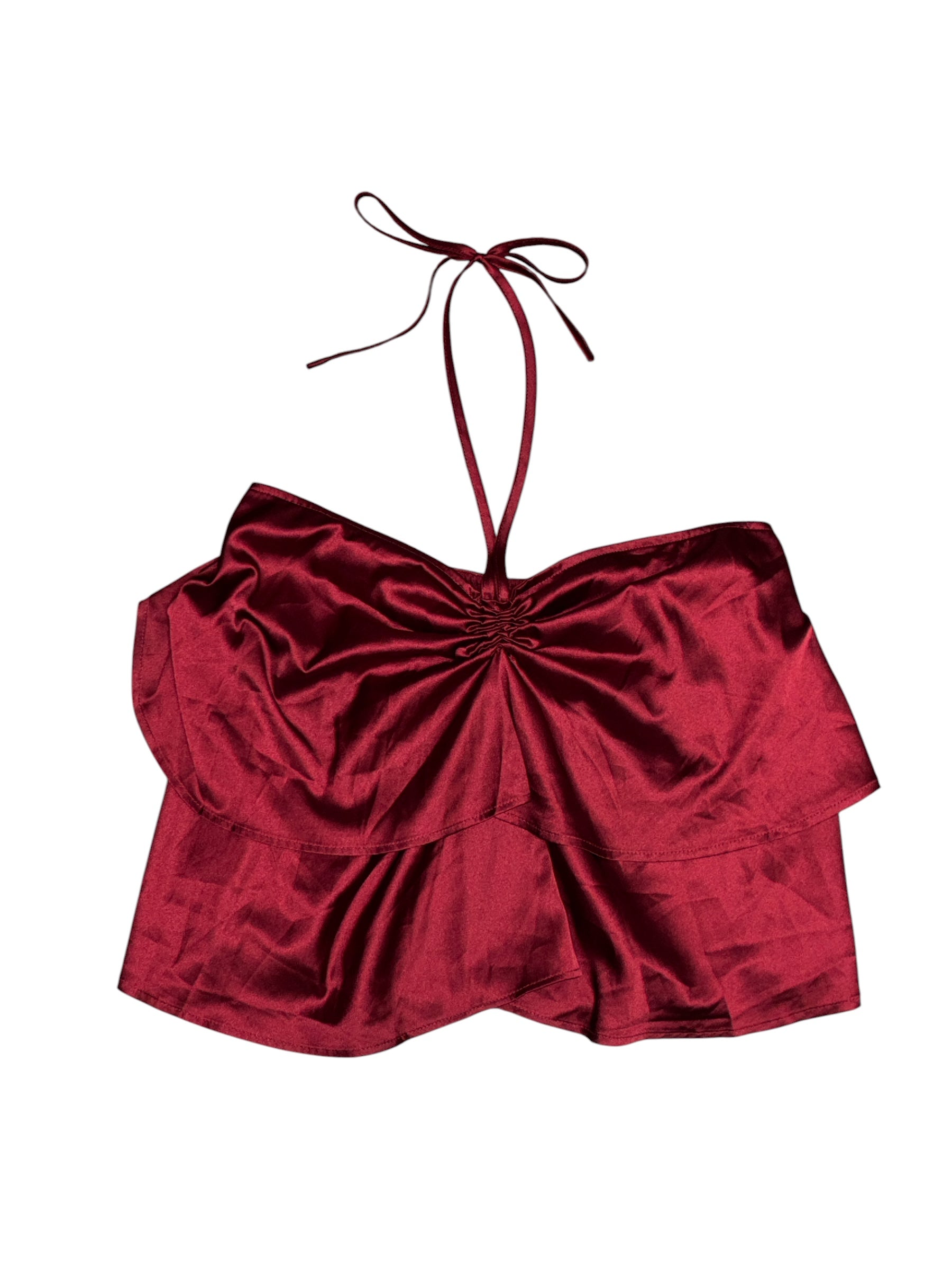 red silky halter ruffle tank