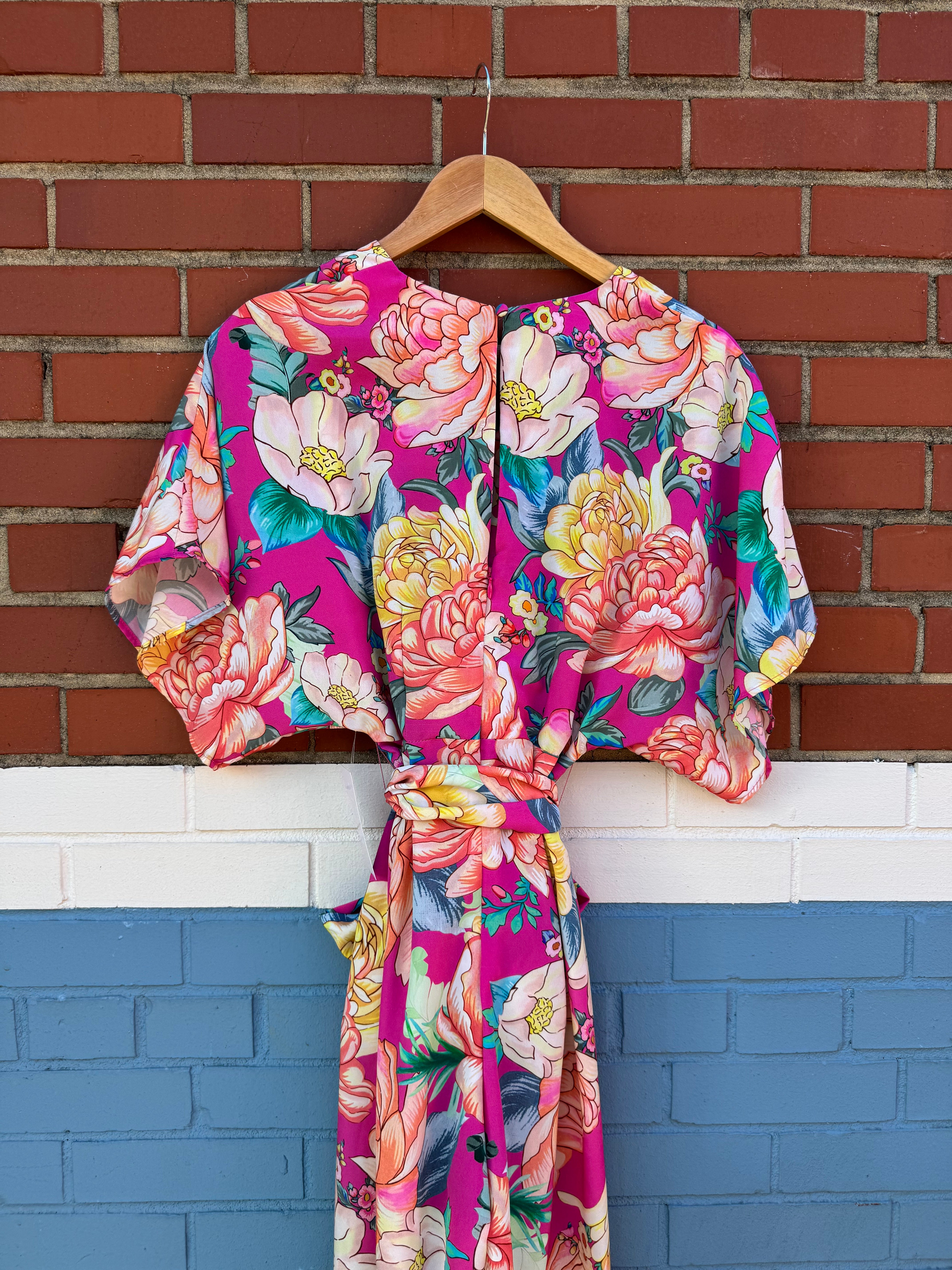pink yellow farm rio floral jumpsuit w tie, xs