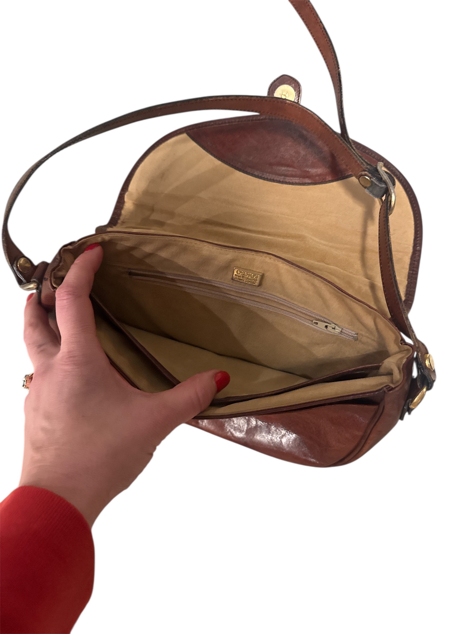 brown oroton leather crescent bag