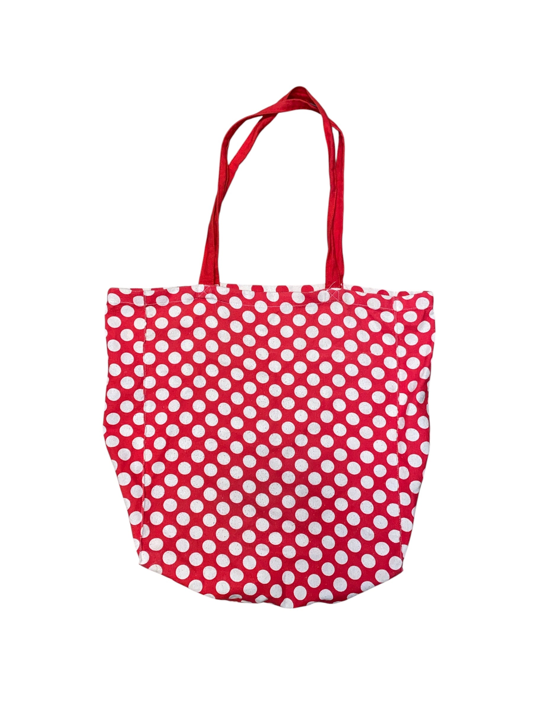 red cream polka dot tote bag