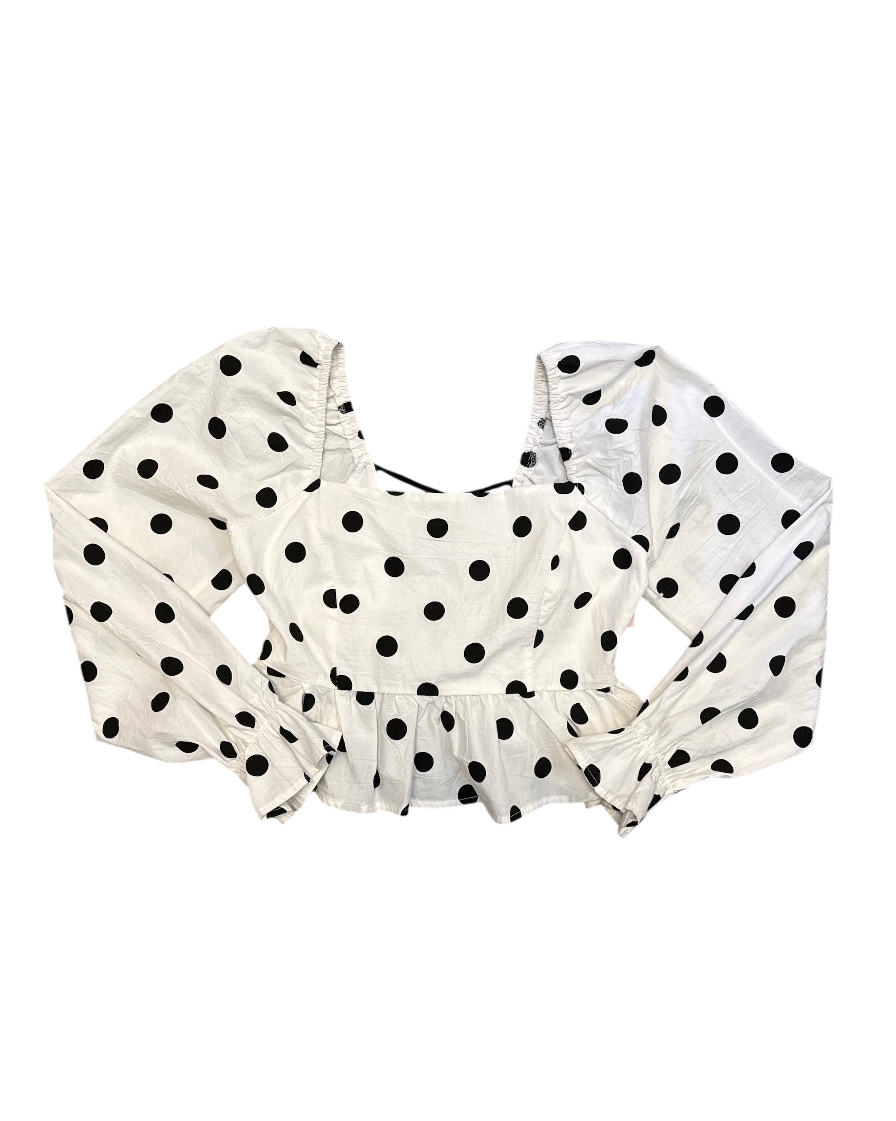black white vestique polka dot puff sleeve top, s
