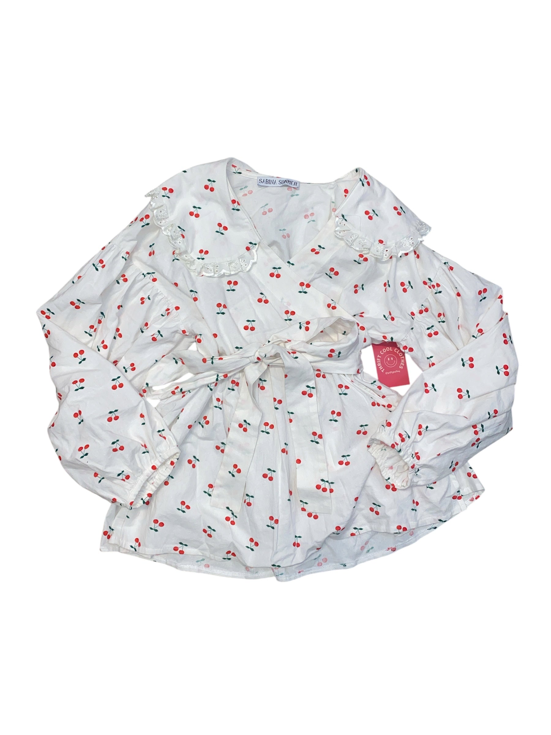 white red sabina sommer cherry print wrap tie ls collared top, s
