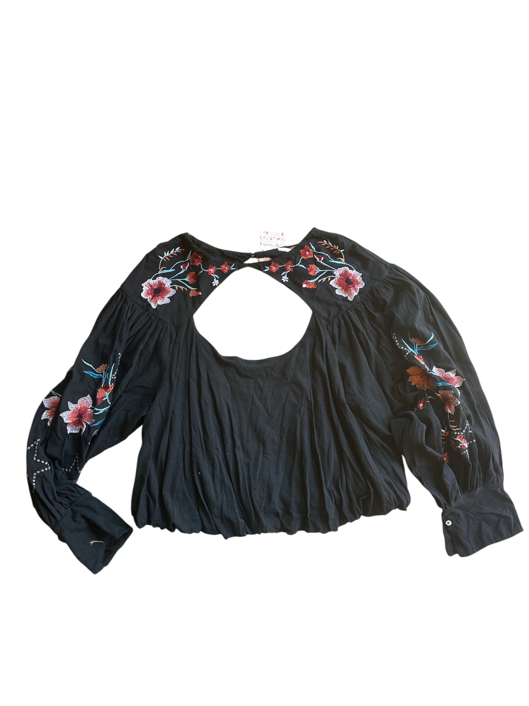 black rust blue free people nwt blouse puffy sleeve flower embroider, m