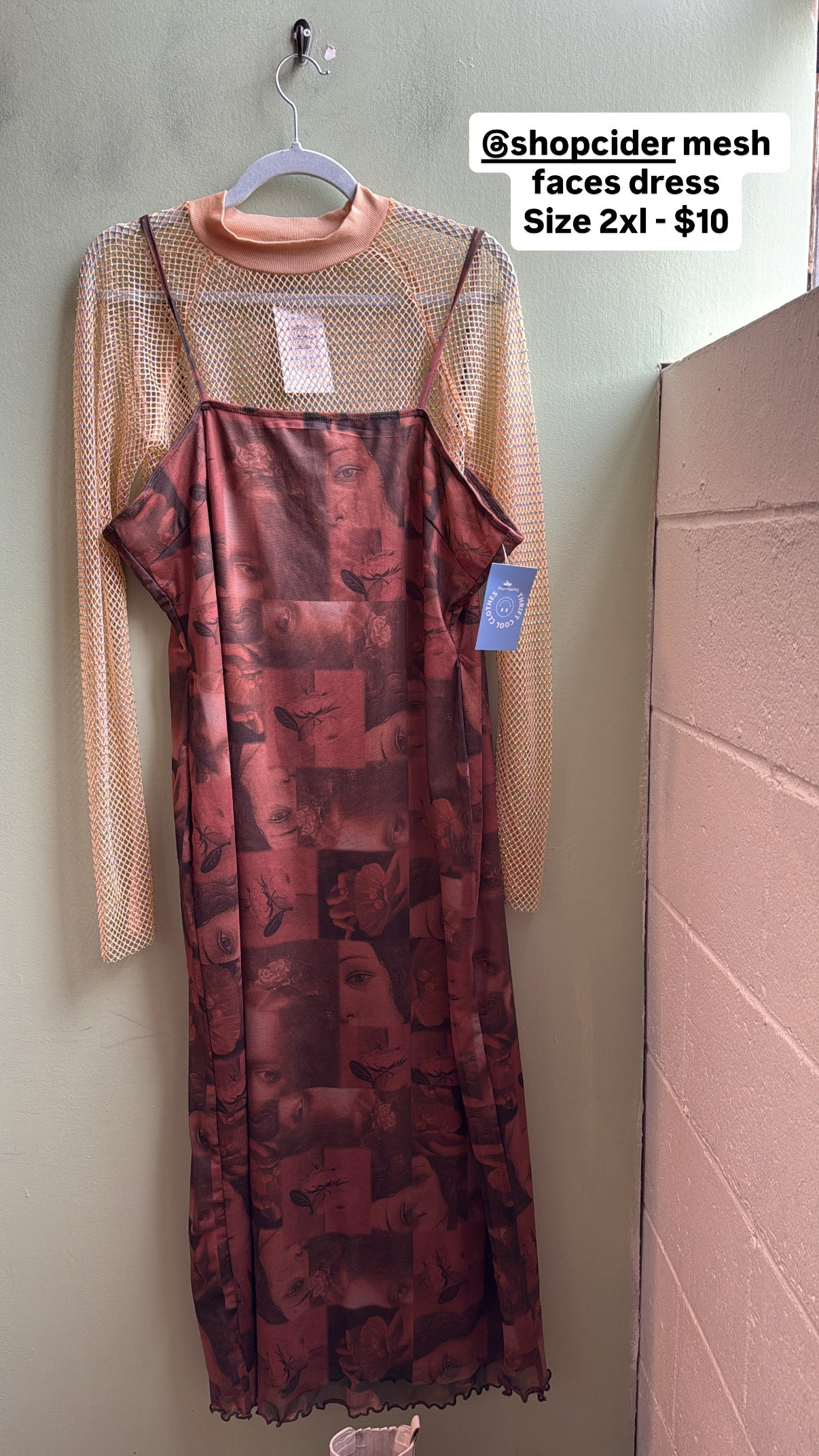 brown cider patterned mesh cami dress, 2x