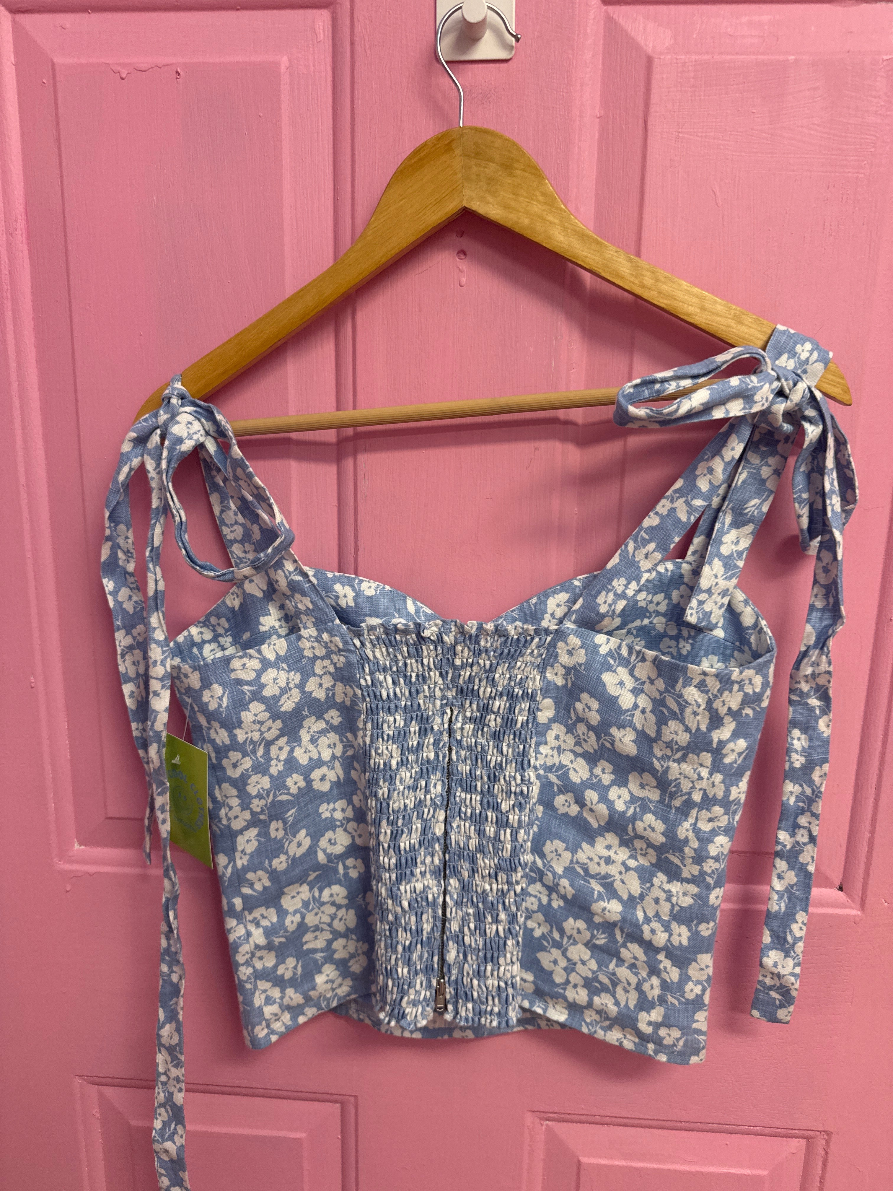 blue white reformation cutie floral bustier tie top, 8