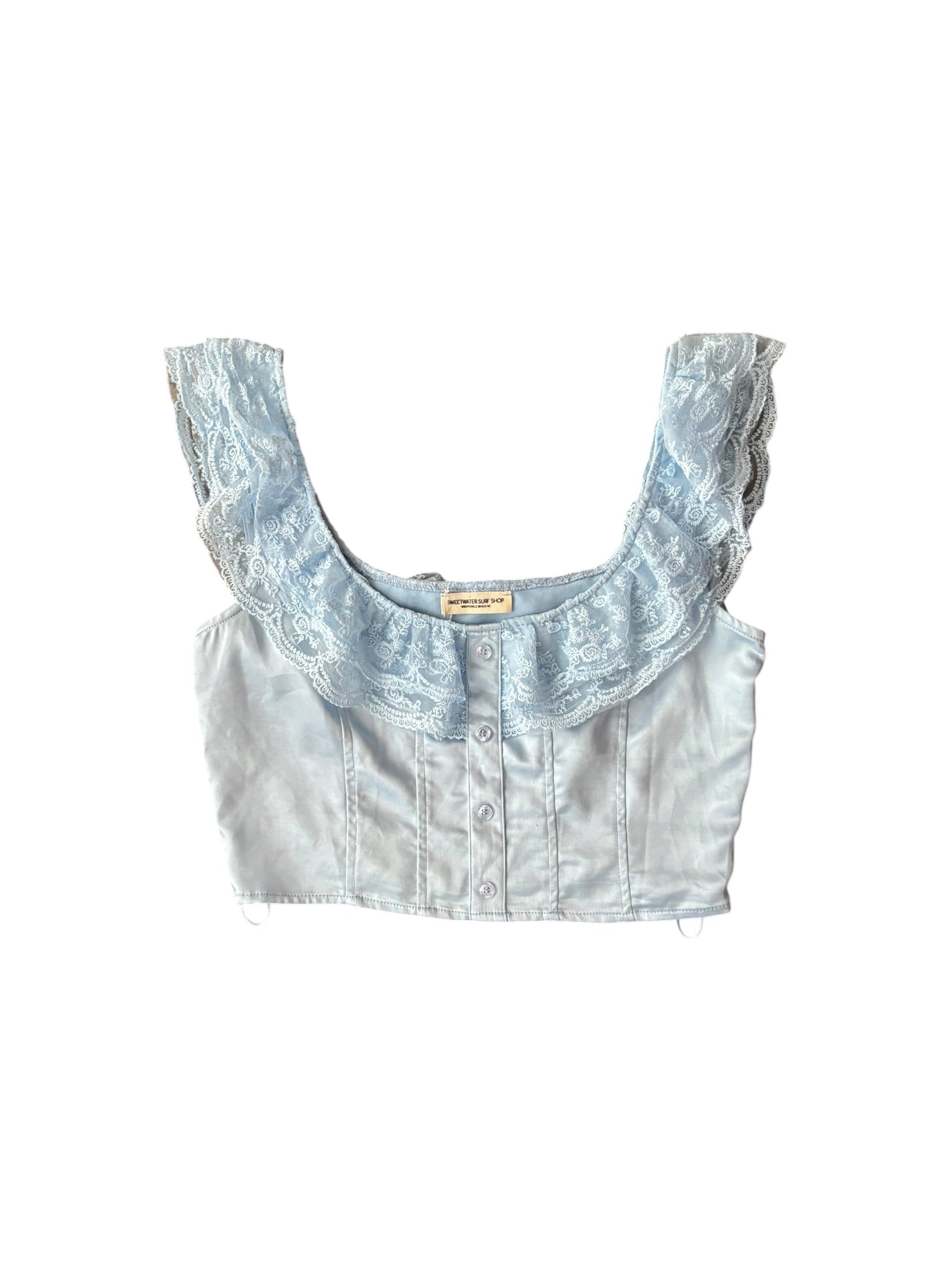 blue sweet water surf shop satin lace top, m