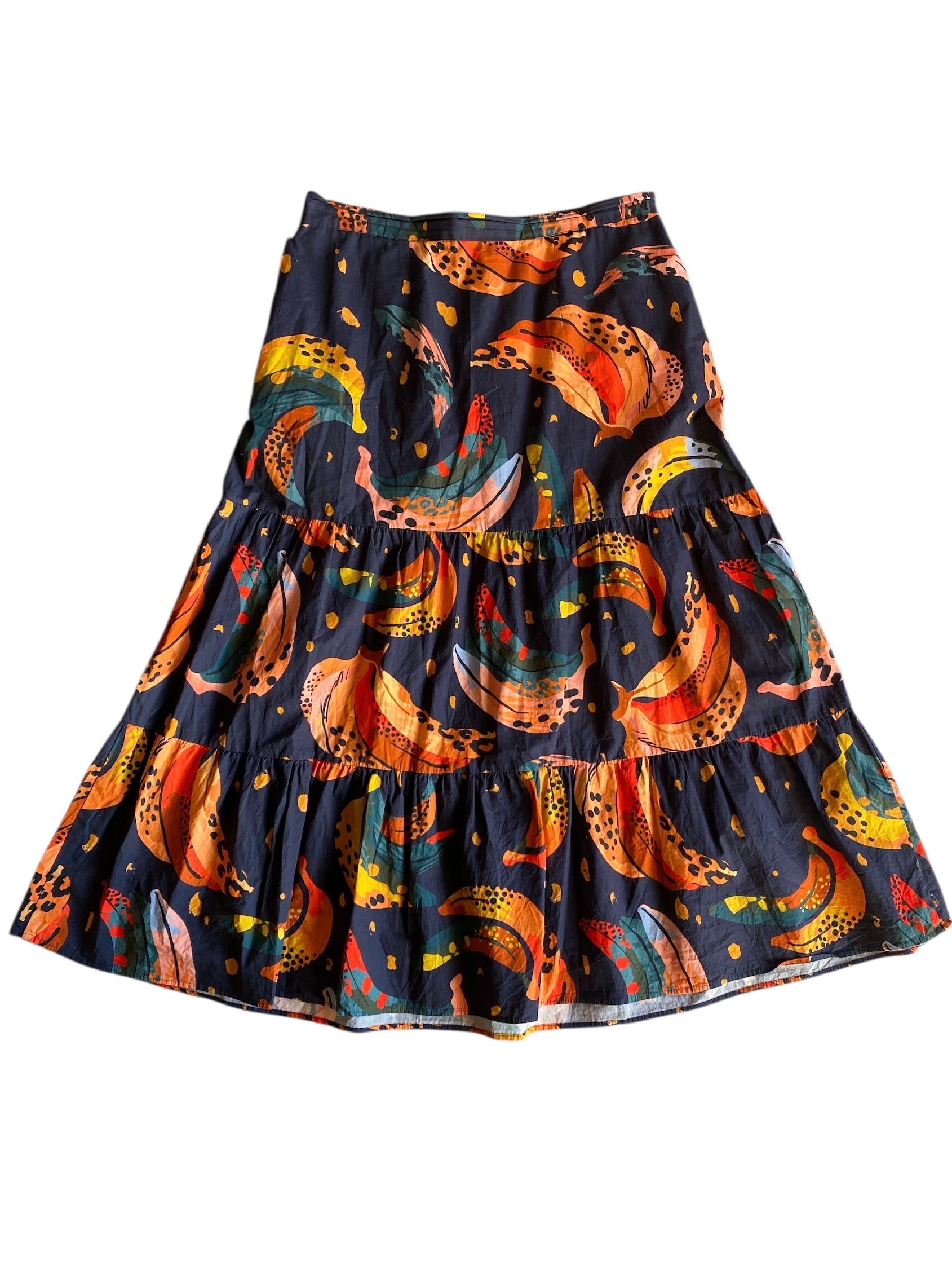 navy pink maude vivante banana tiered skirt, m