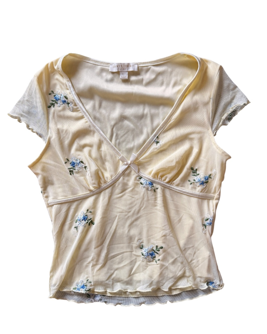 yellow thirty thirty mesh floral vneck ss, L