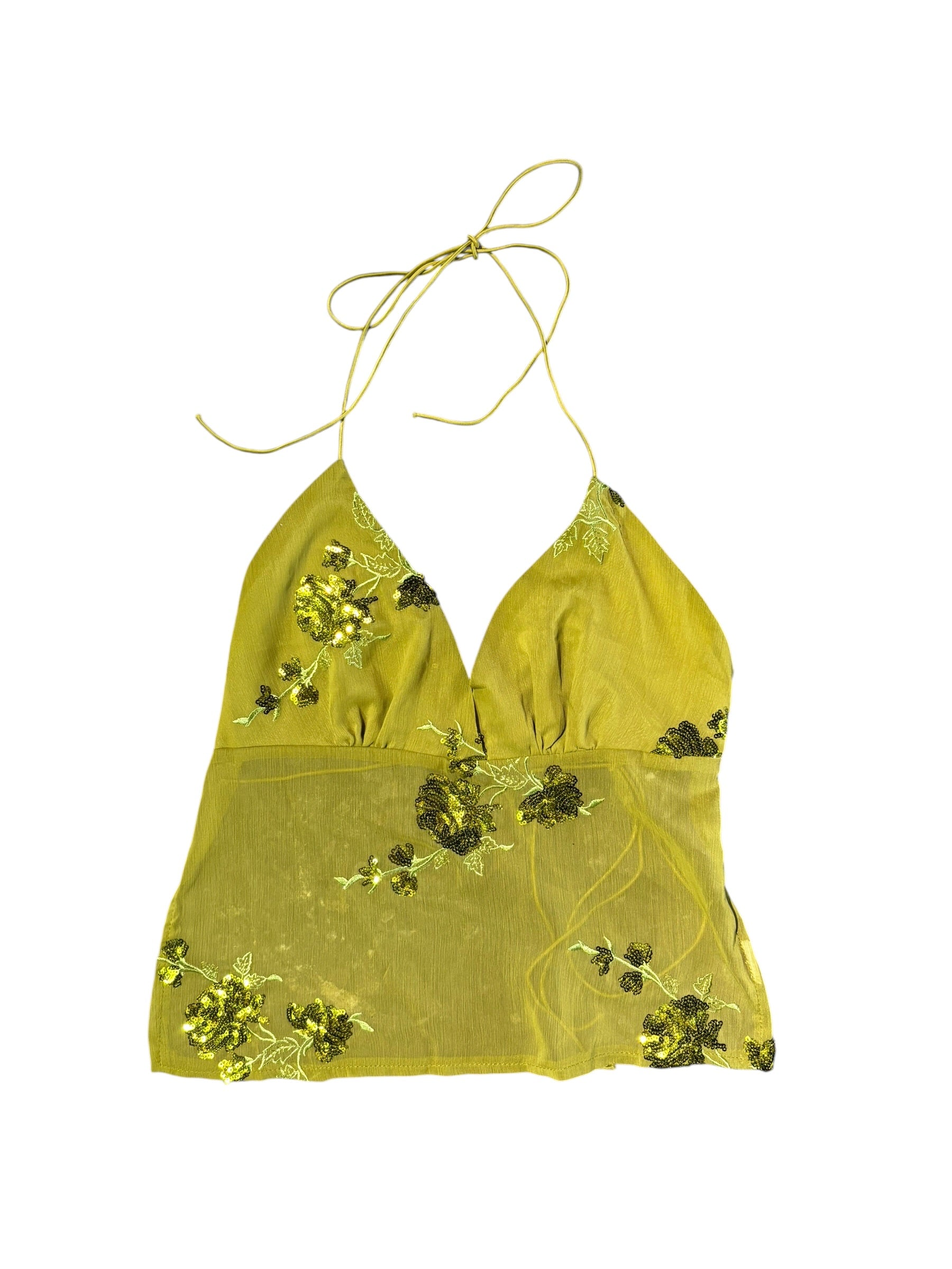 green sequin open back top, xs
