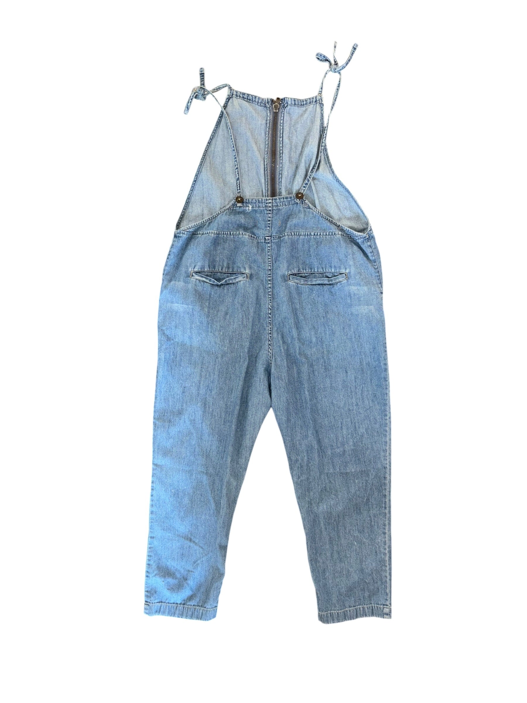 blue free people chambray overalls w zipper, m