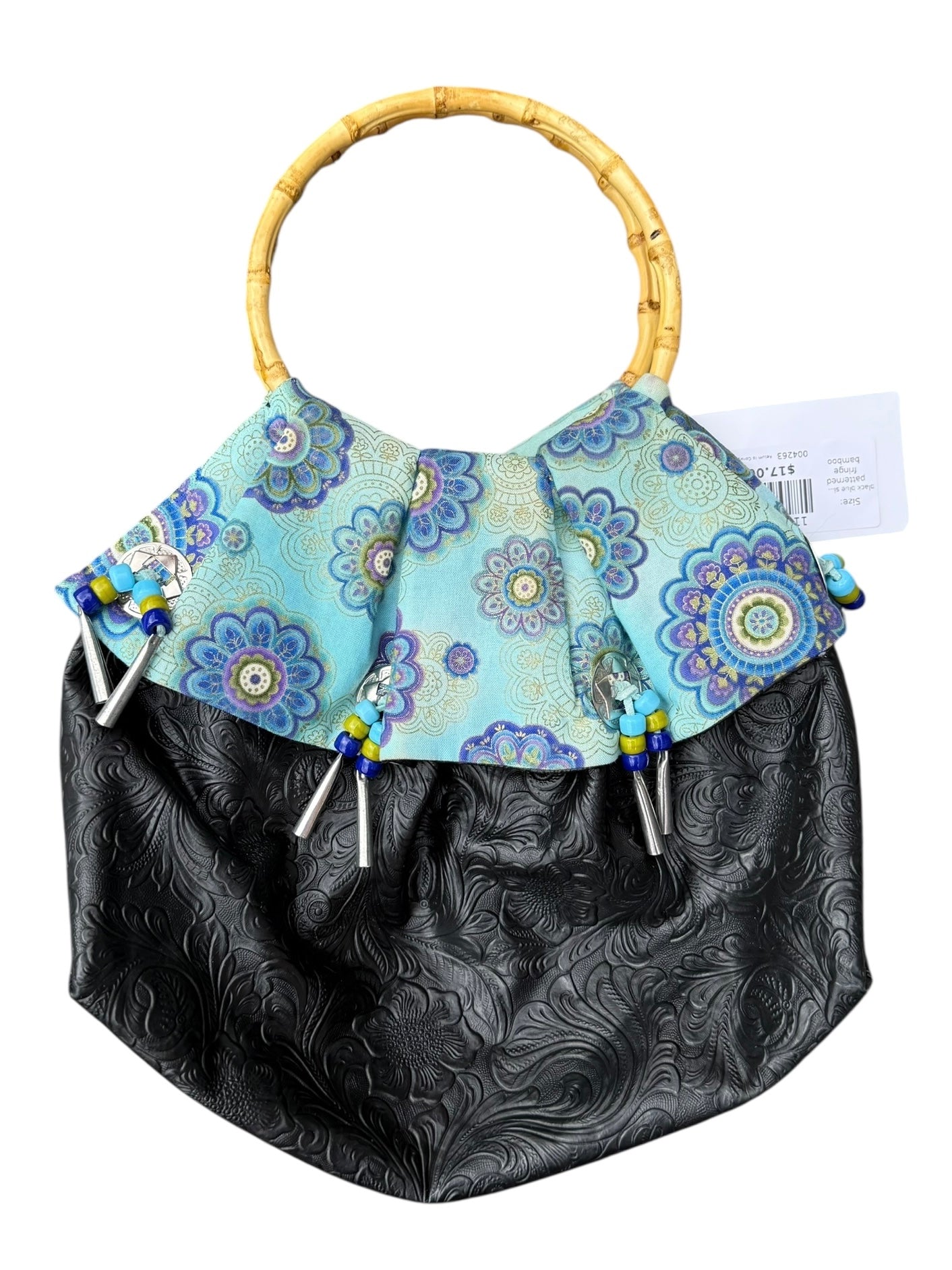 black blue silver leather patterned fringe bamboo handle purse
