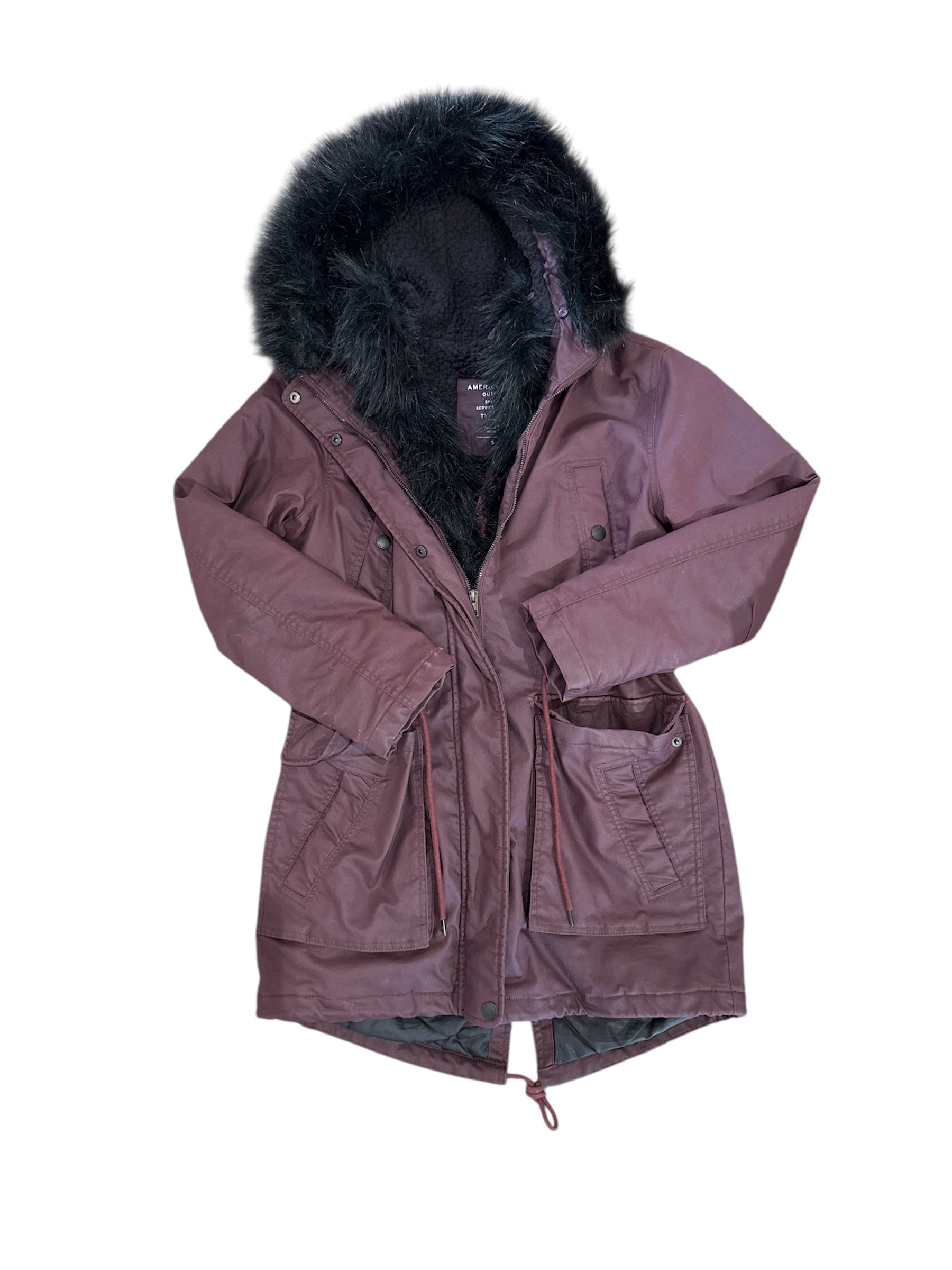 maroon black american eagle military jacket w fur trim, s