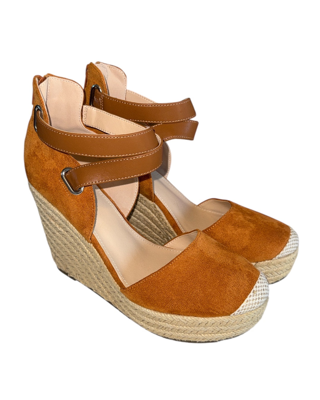 brown piepiebuy suede woven closed toe wedges, 8