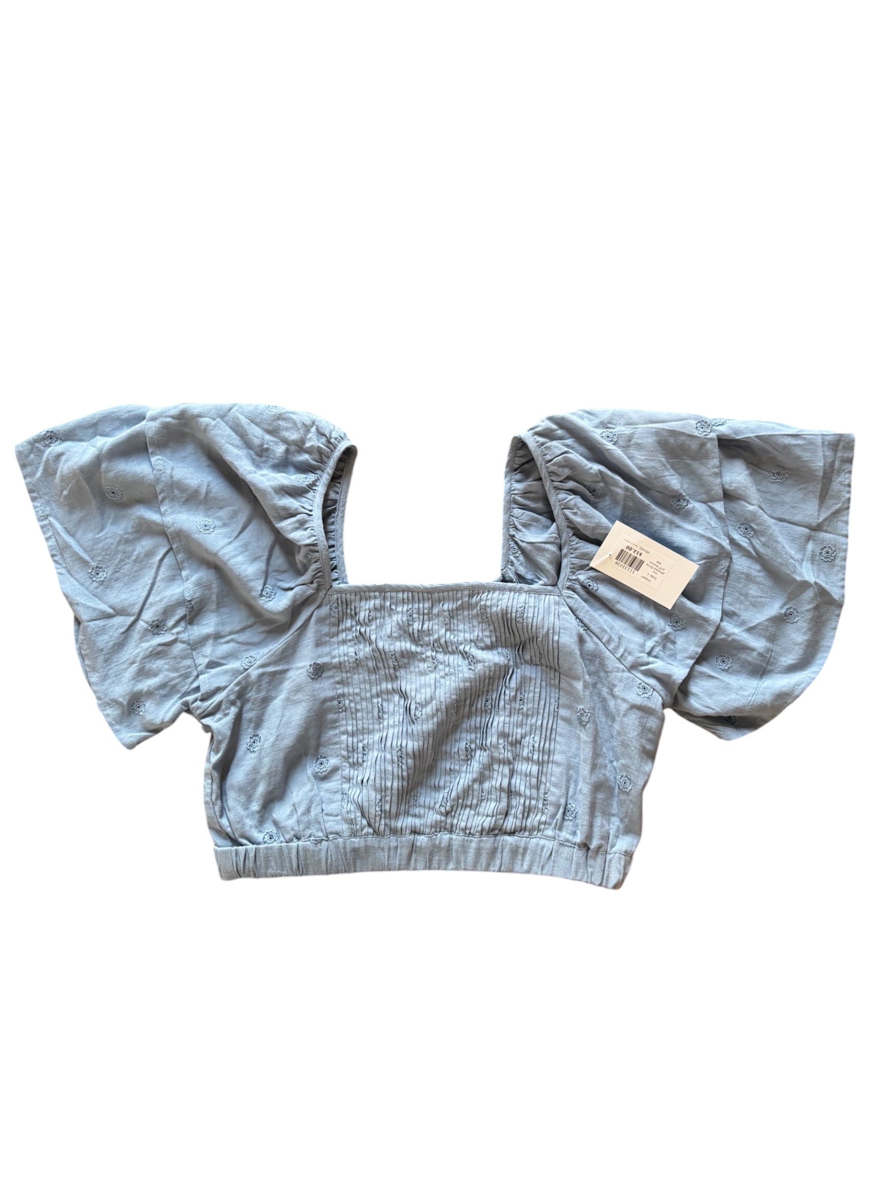 blue chaser pleated floral puff sleeve top, L
