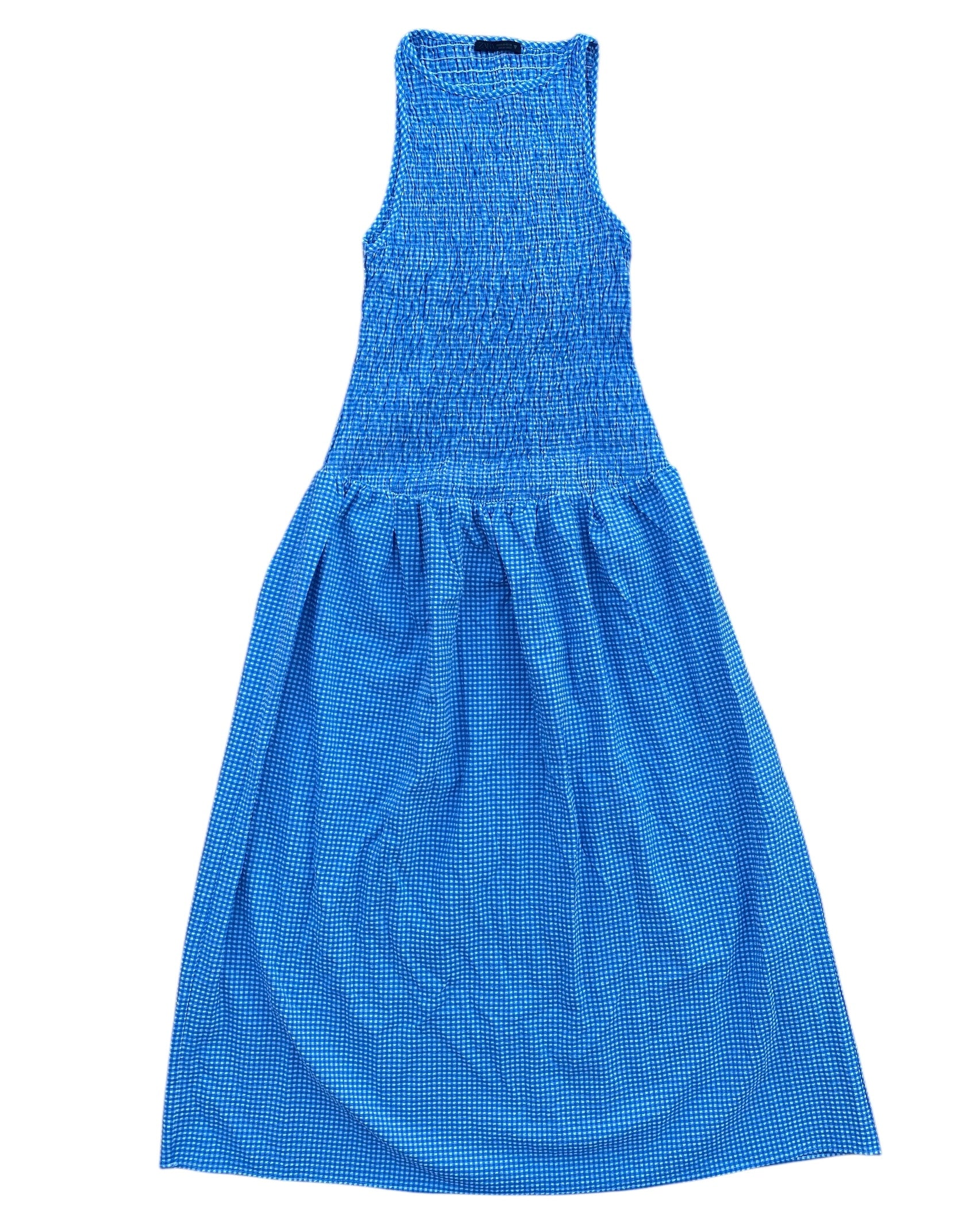 white blue zara gingham smocked dress, m