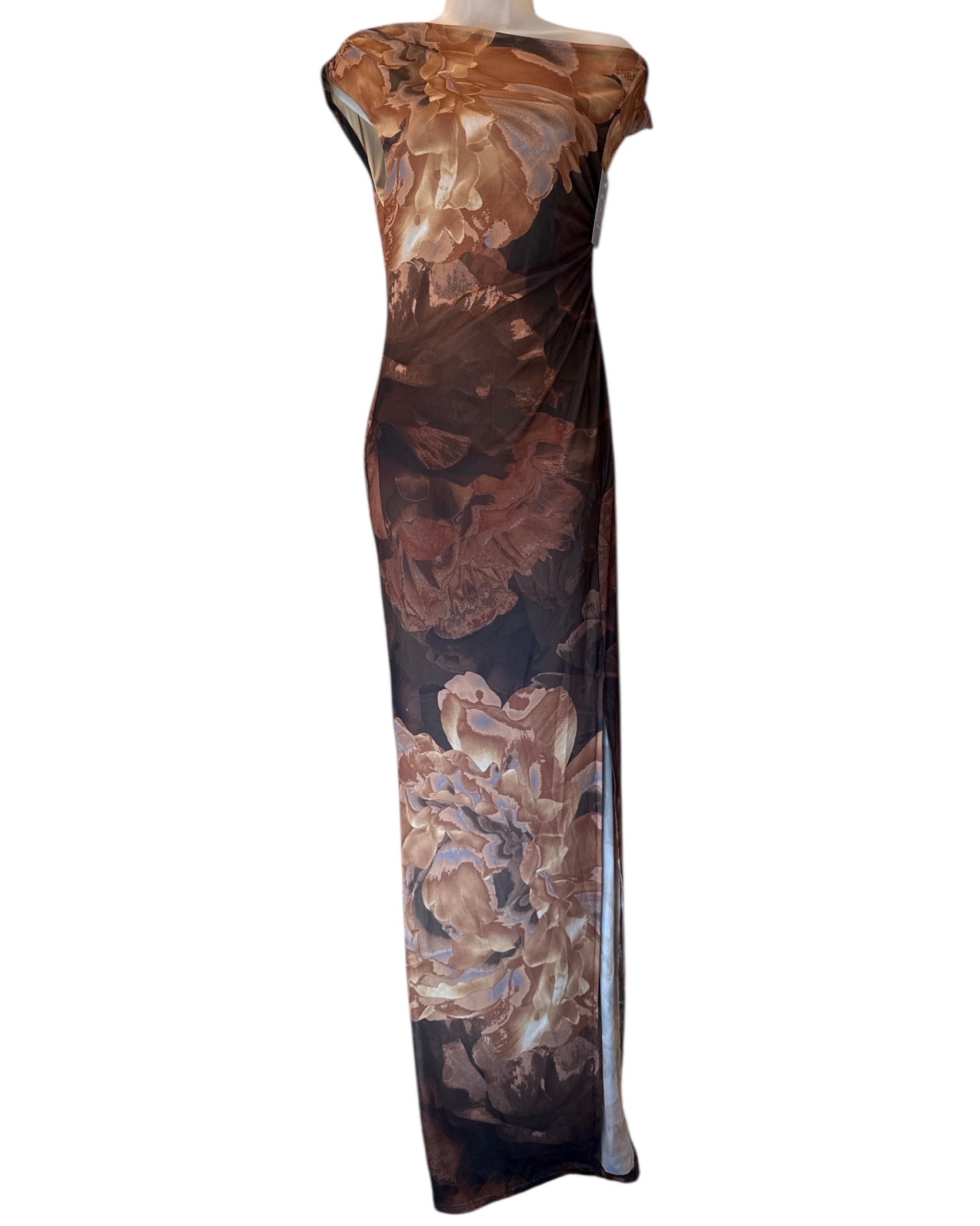 Brown tan Fashionnova Floral ruched off shoulder long dress, M