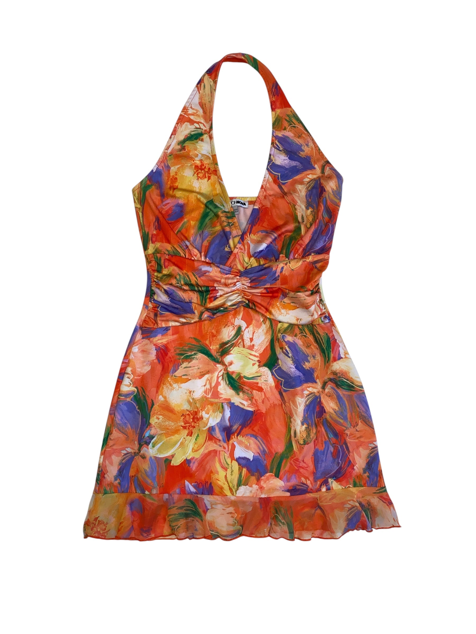 orange fashion nova watercolor halter mini dress
