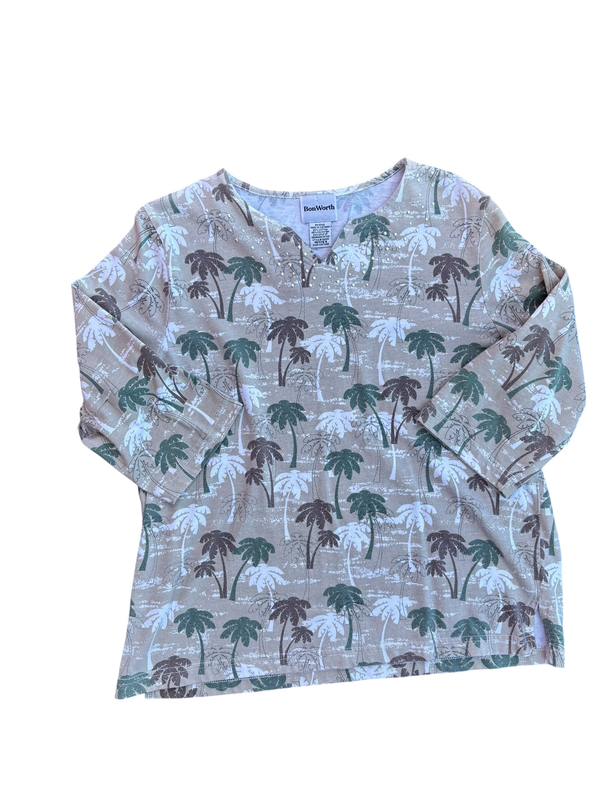 khaki brown green bonworht palm tree bedazzled top, s