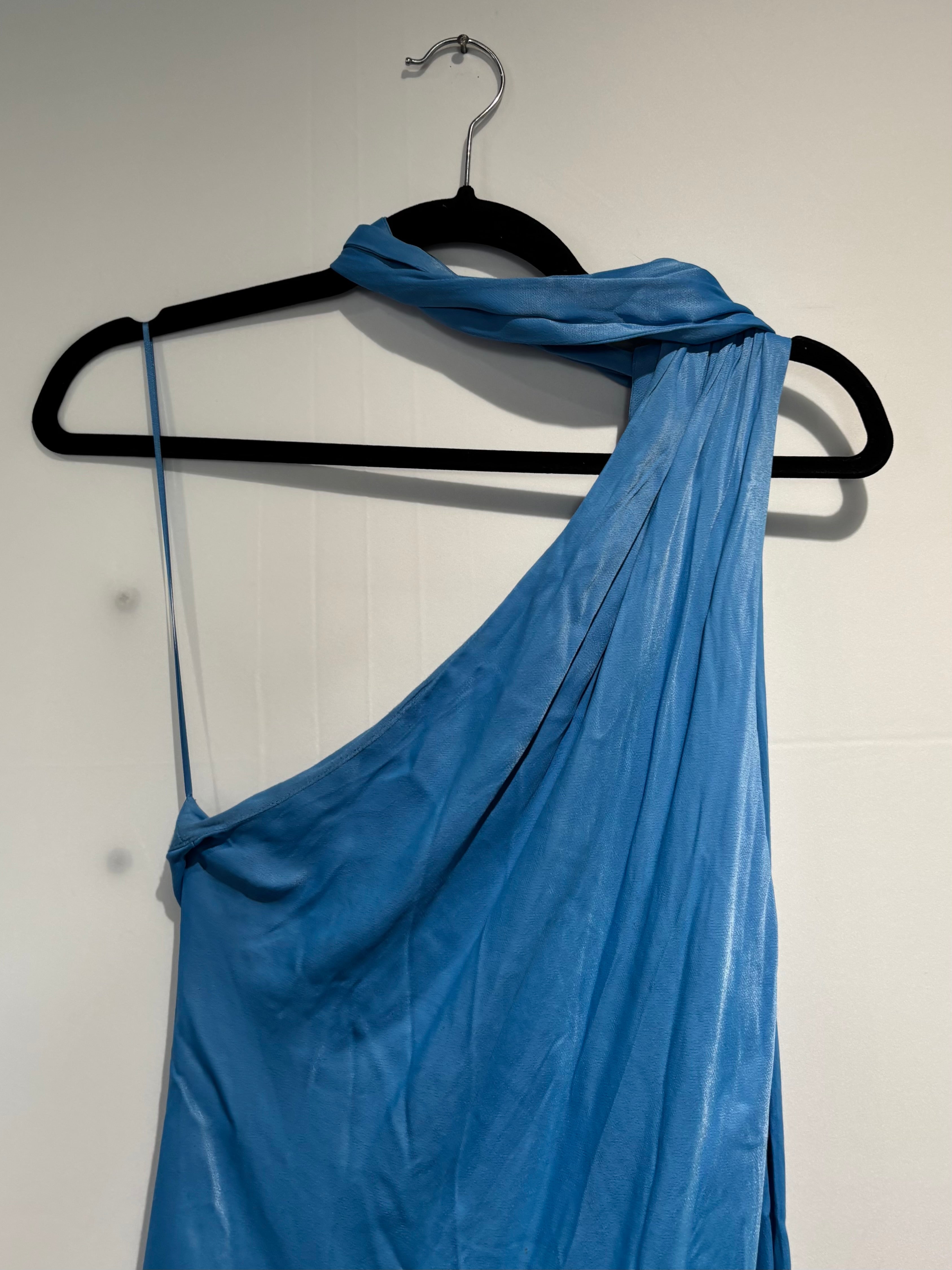 blue BHLDN silky dress w/ tie, M