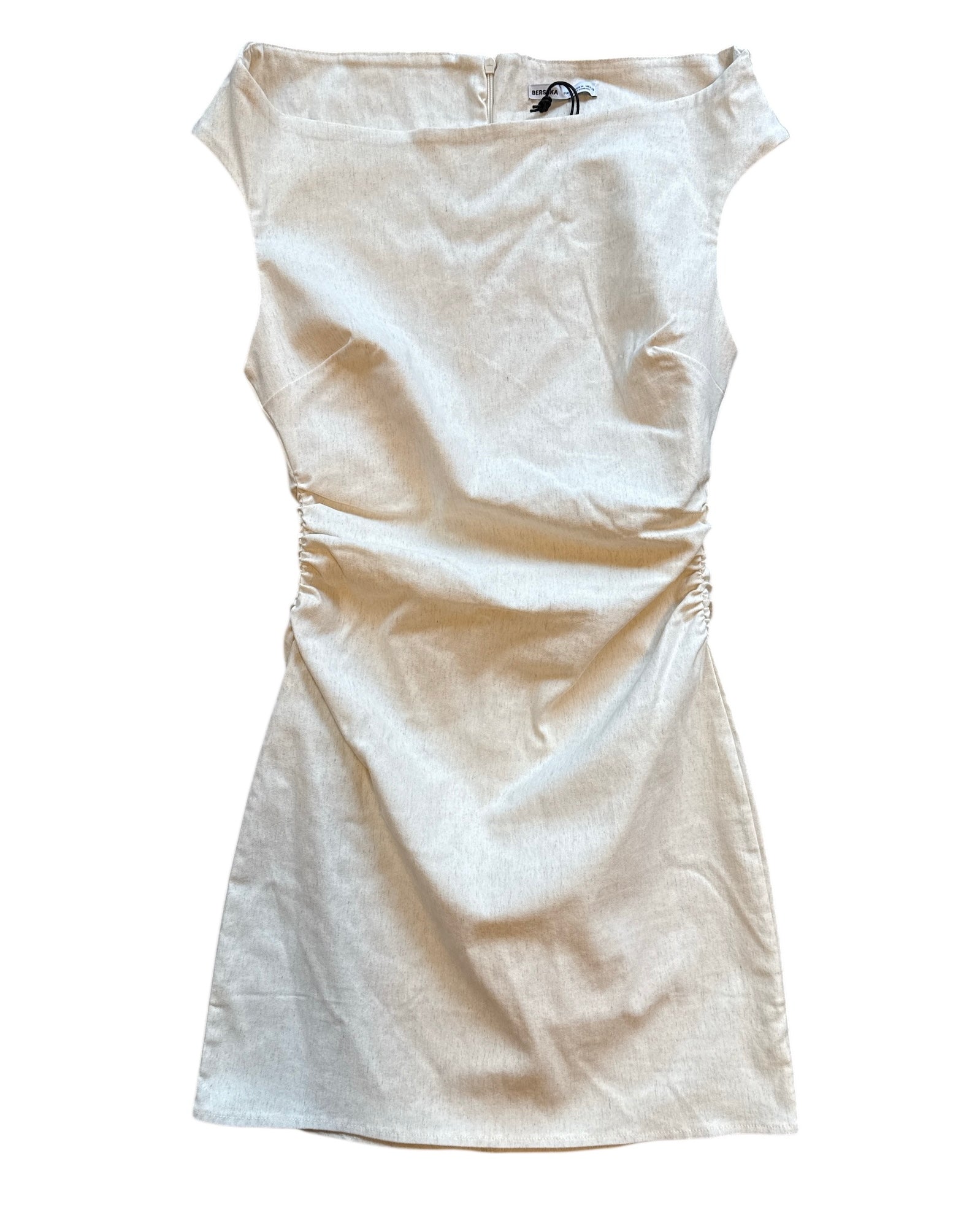 beige bershka nwt boatneck ruch dress, m