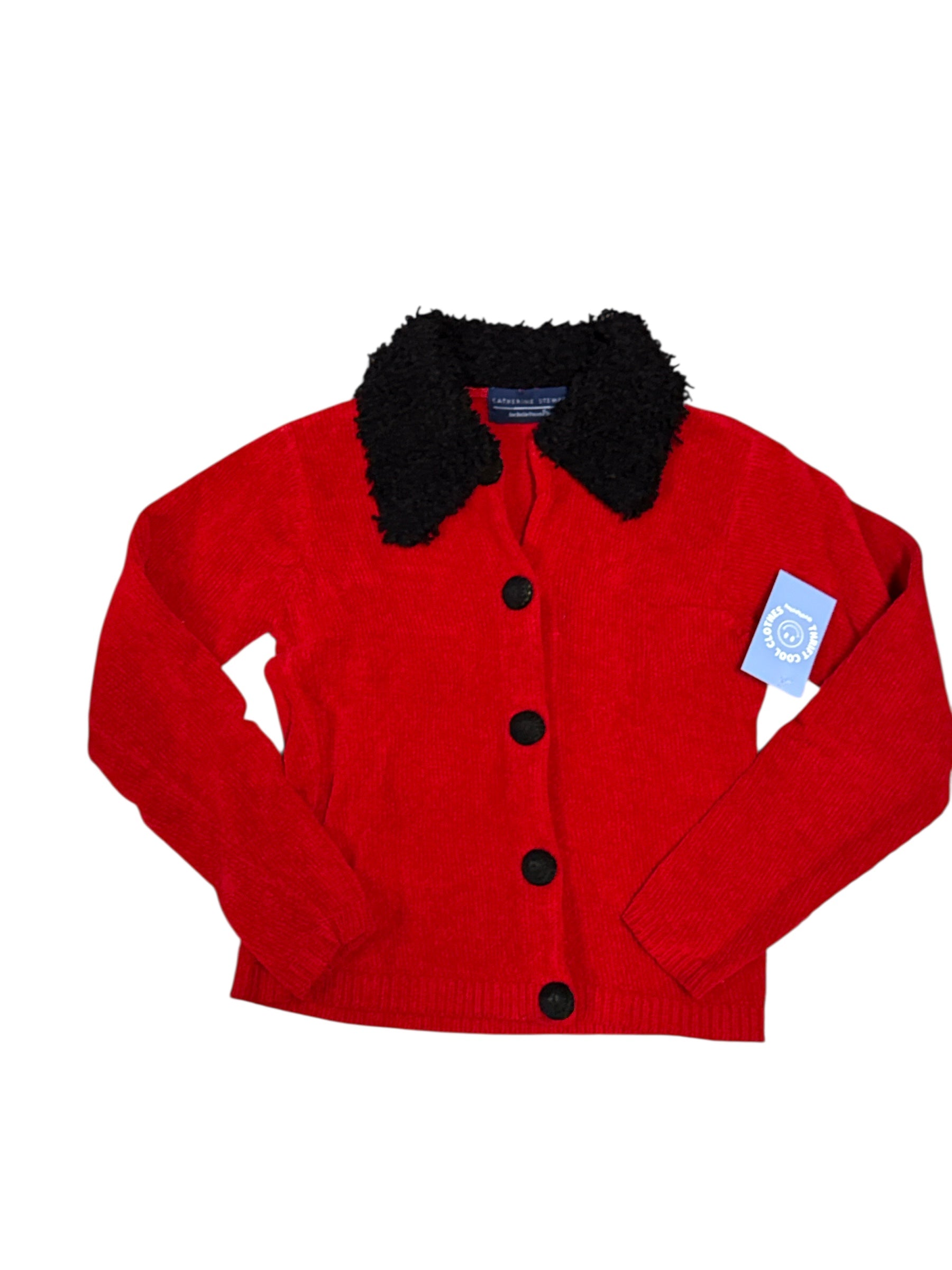 red black catherine stewart fuzzy collar cardigan, m