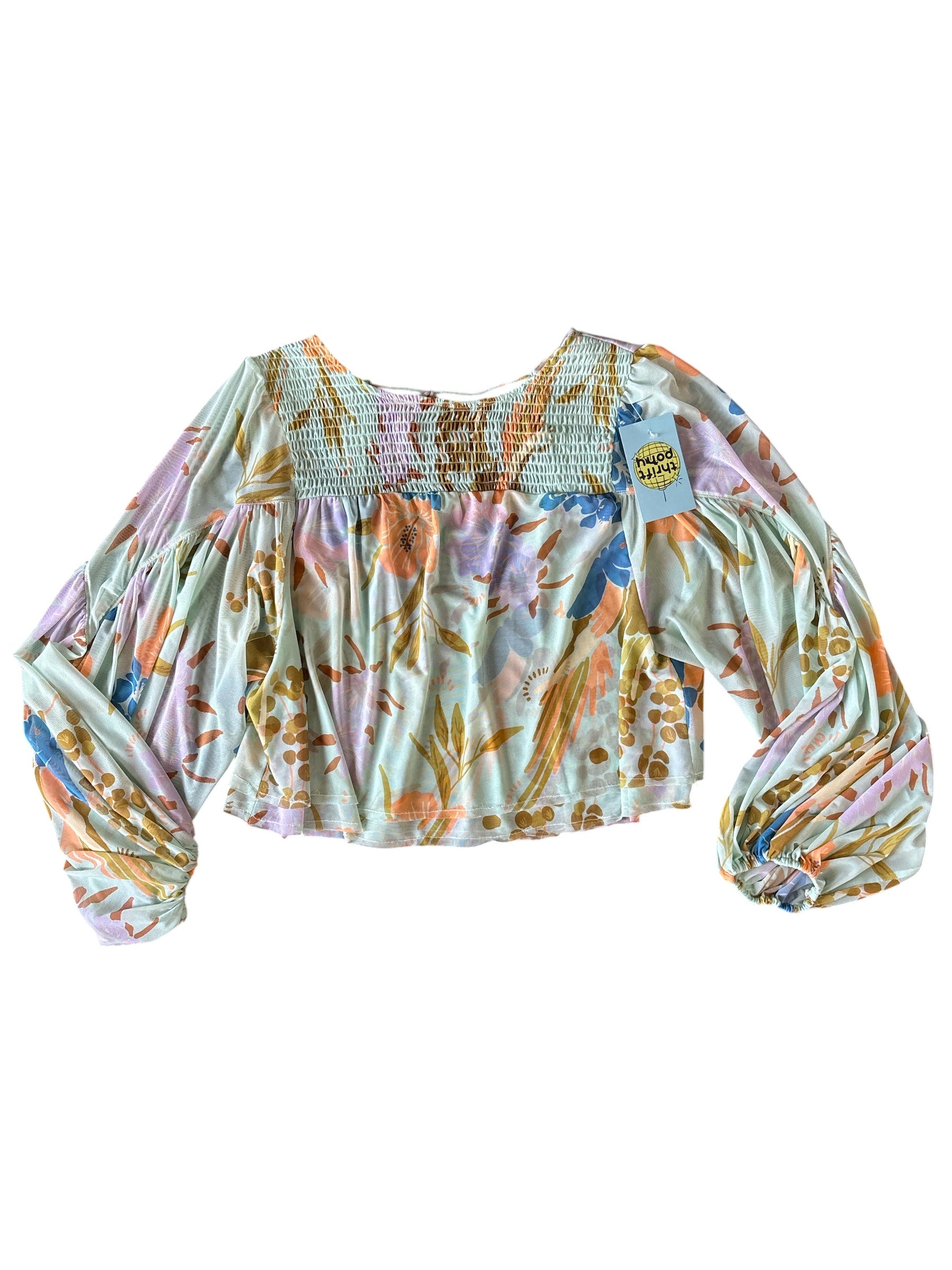 teal orange free people mesh floral blouse, s