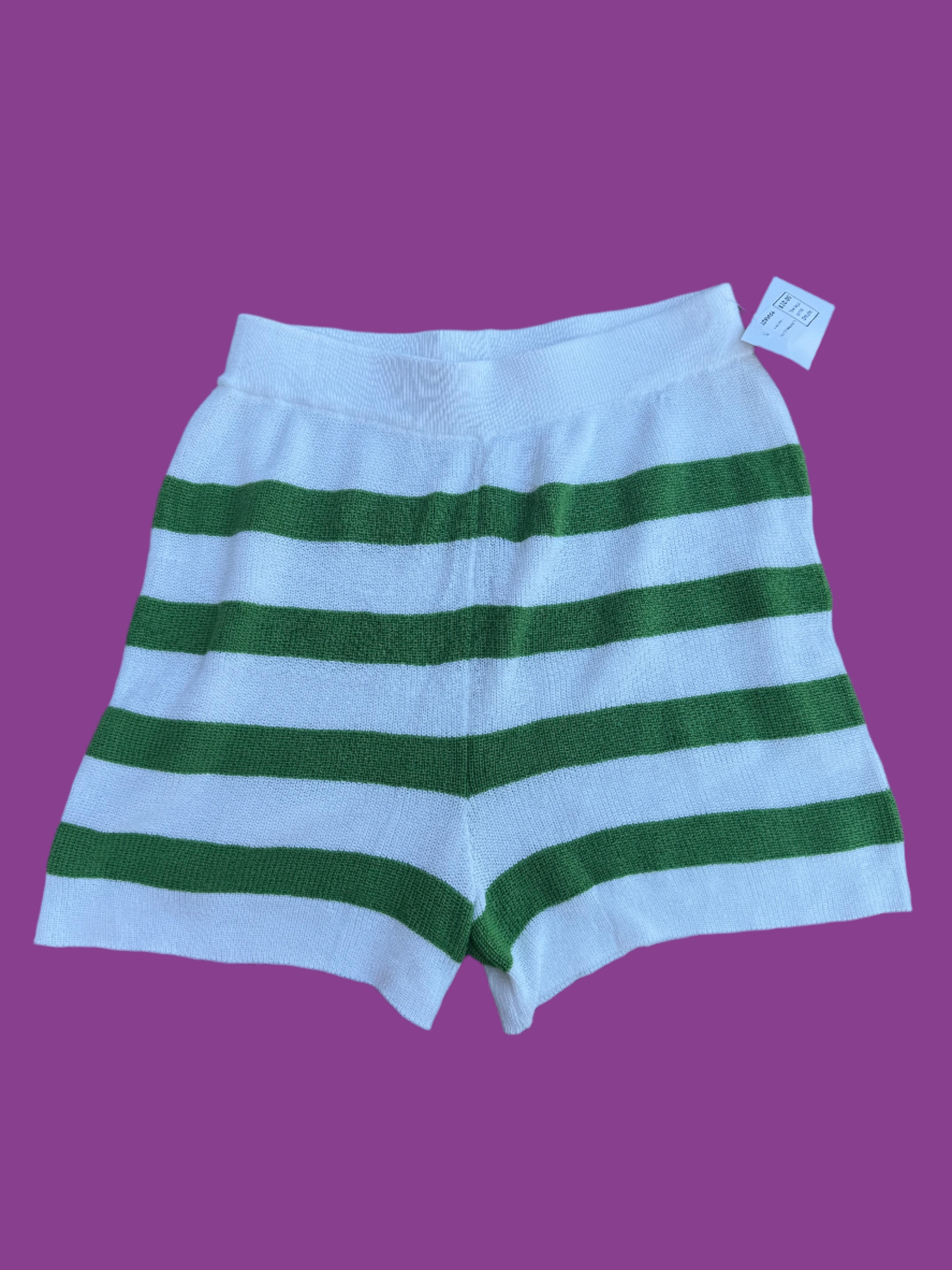 green white knit striped shorts, large