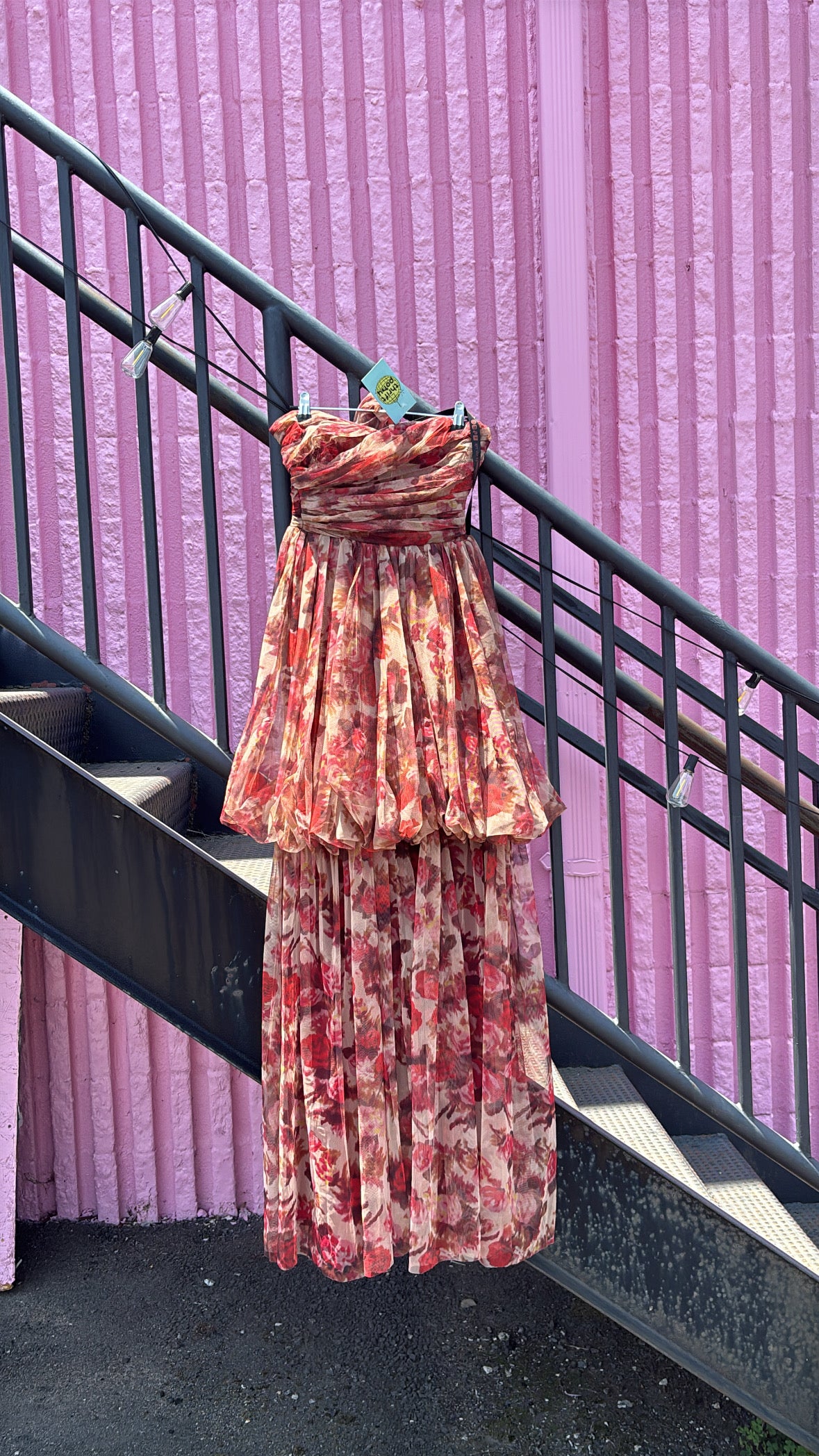 beige red lace & beads floral strapless scarf long dress, 6