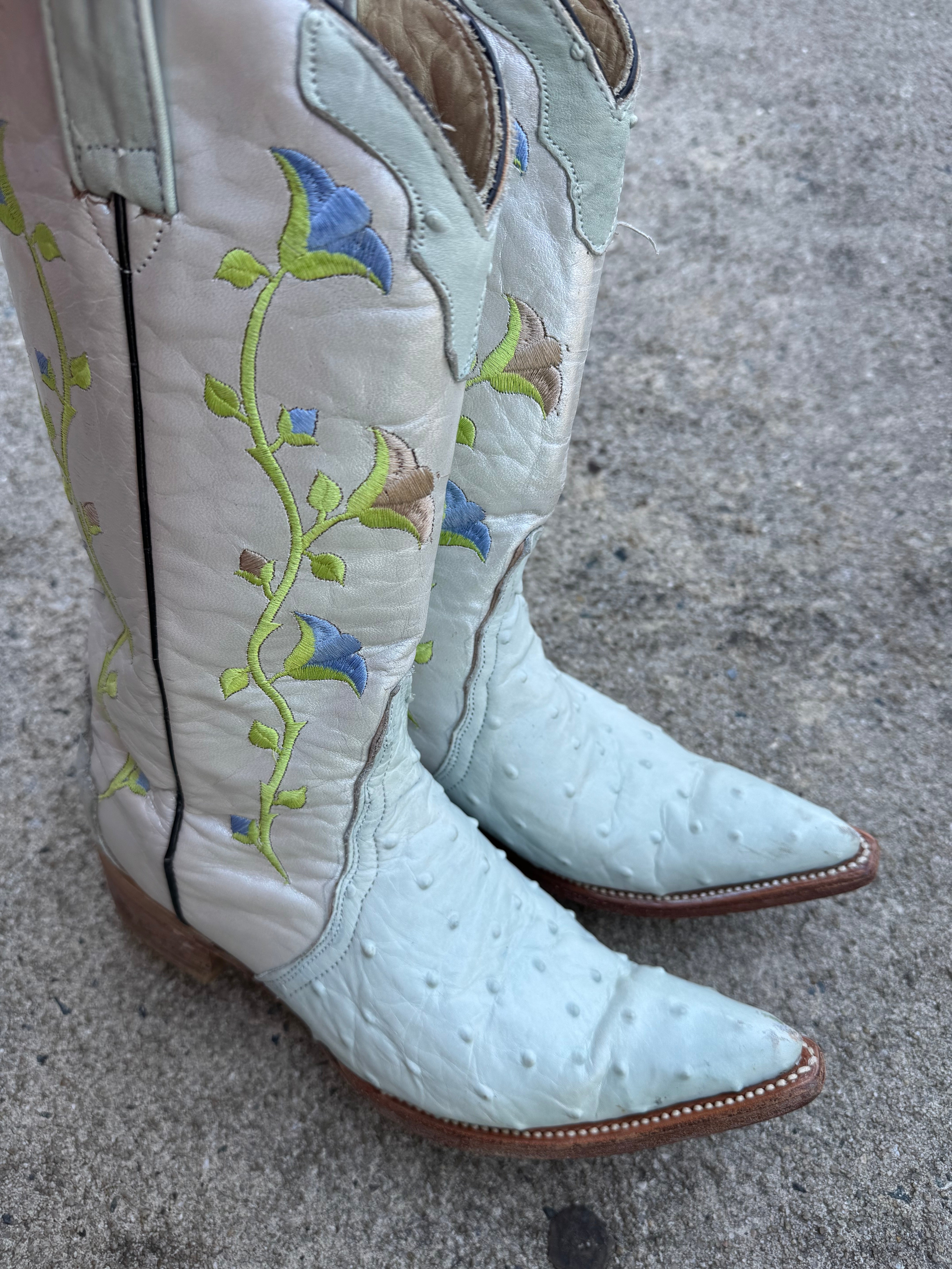 teal green vtg leather floral cowboy boots, 7-7.5 women