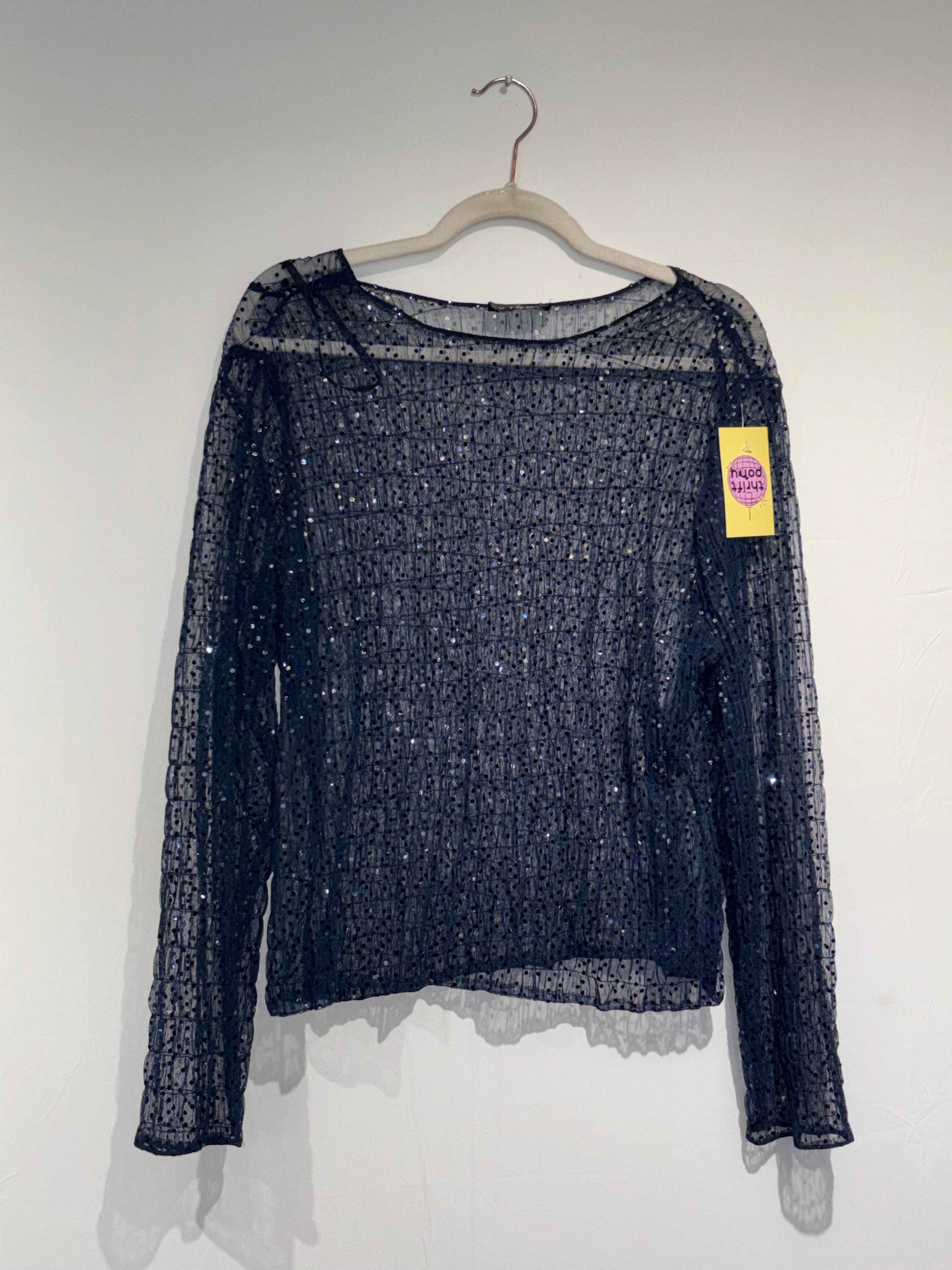 blue virgo sheer sequin ls vtg top, xl