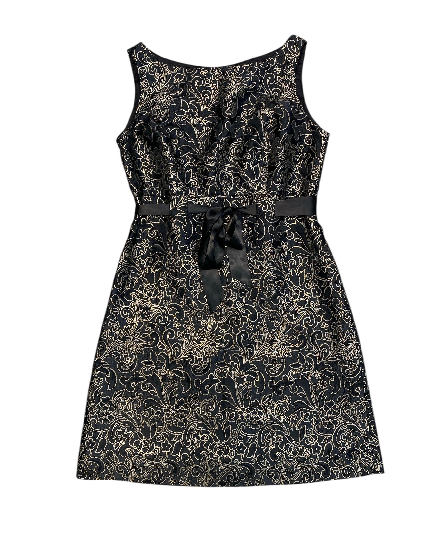 Black gold Steven stolman Metallic patterned dress w ribbon, 10