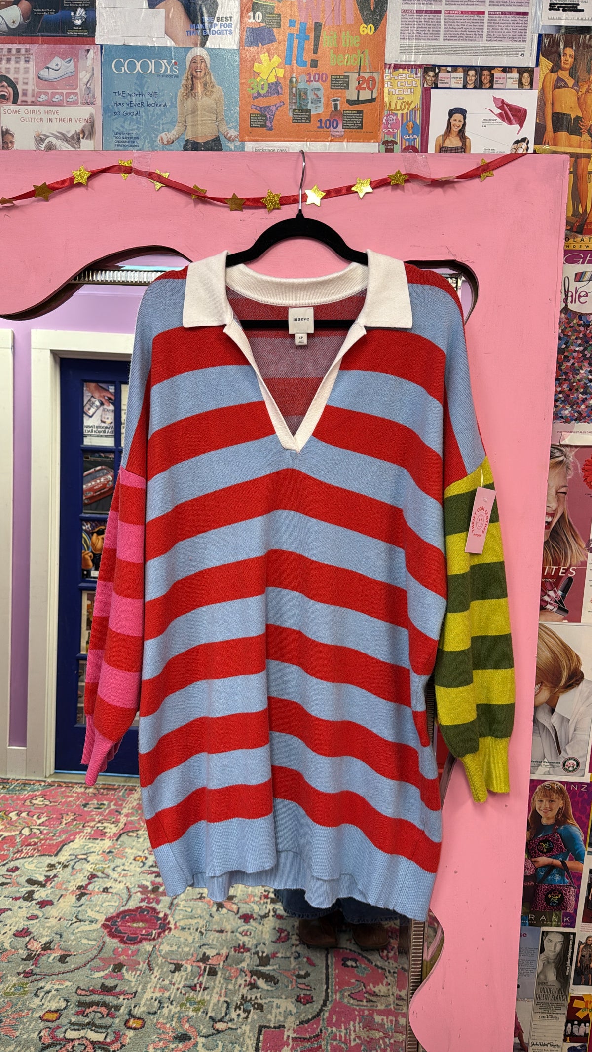 red blue maeve striped collared sweater, L (runs big)