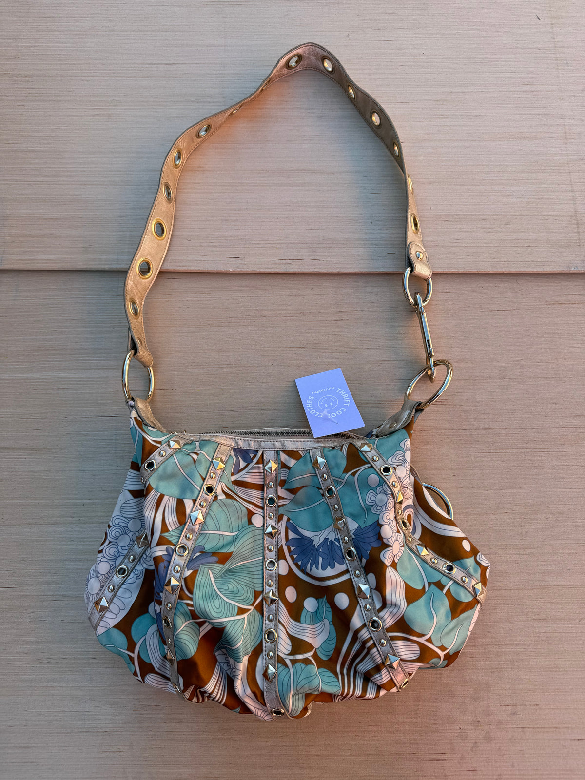 brown teal kathy y2k patterned purse w studs