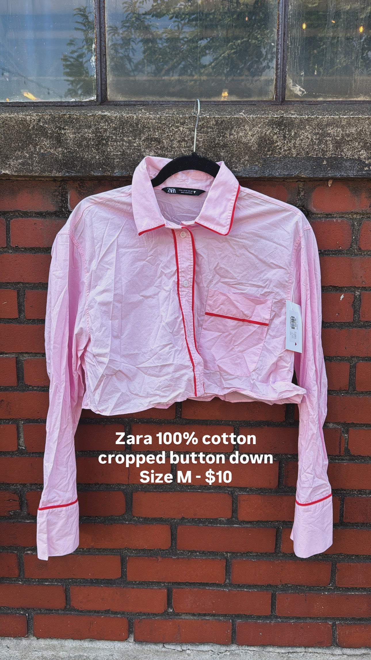 pink red zara cropped ls button up, m