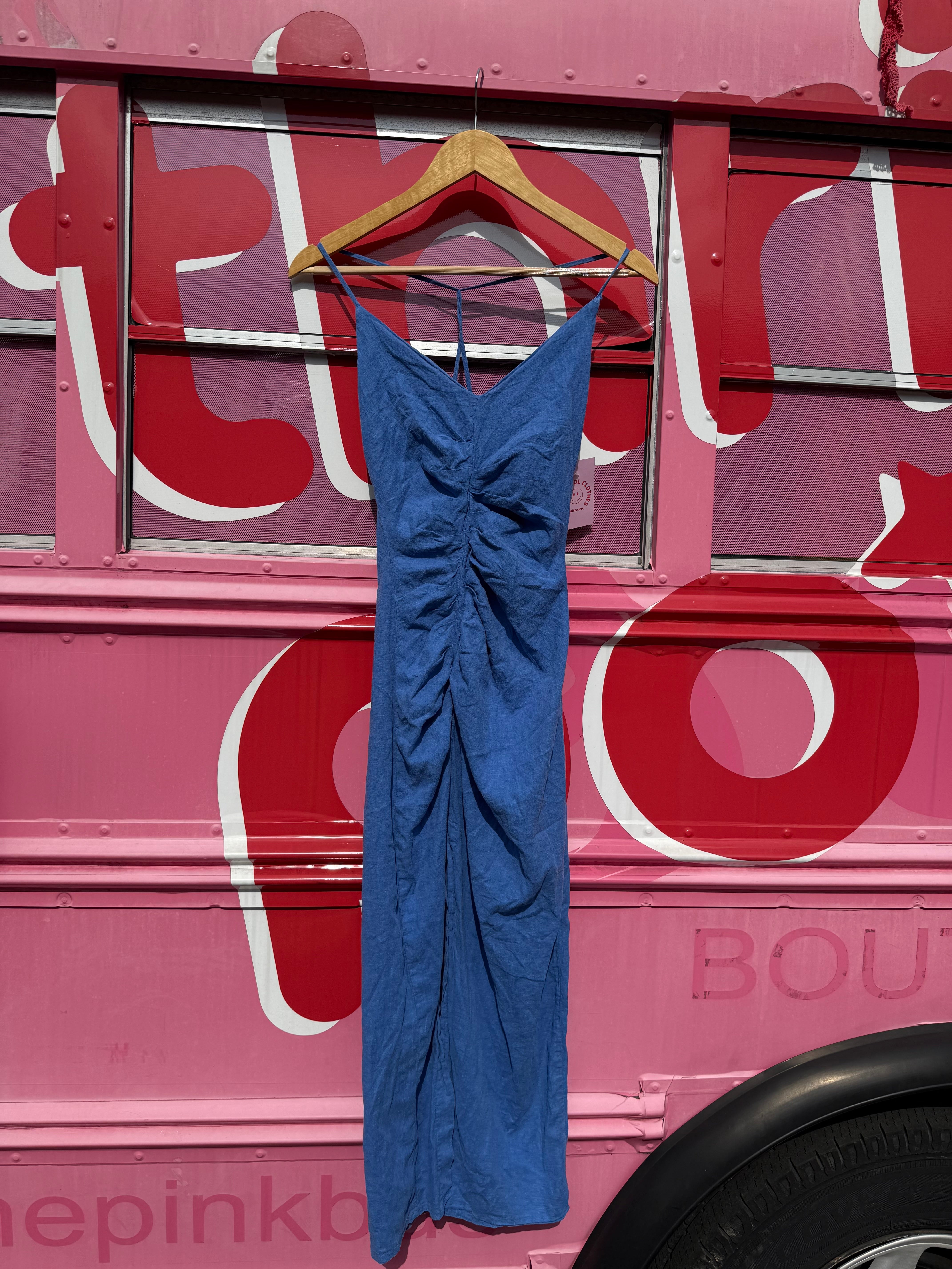 blue zara maxi v neck dress ruch w racer back, s