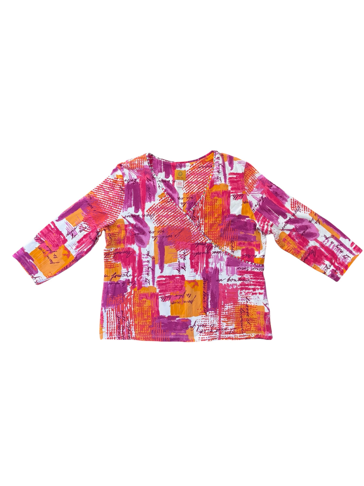 pink orange ruby rd Colorful funky vneck rhinestone ls top, xl