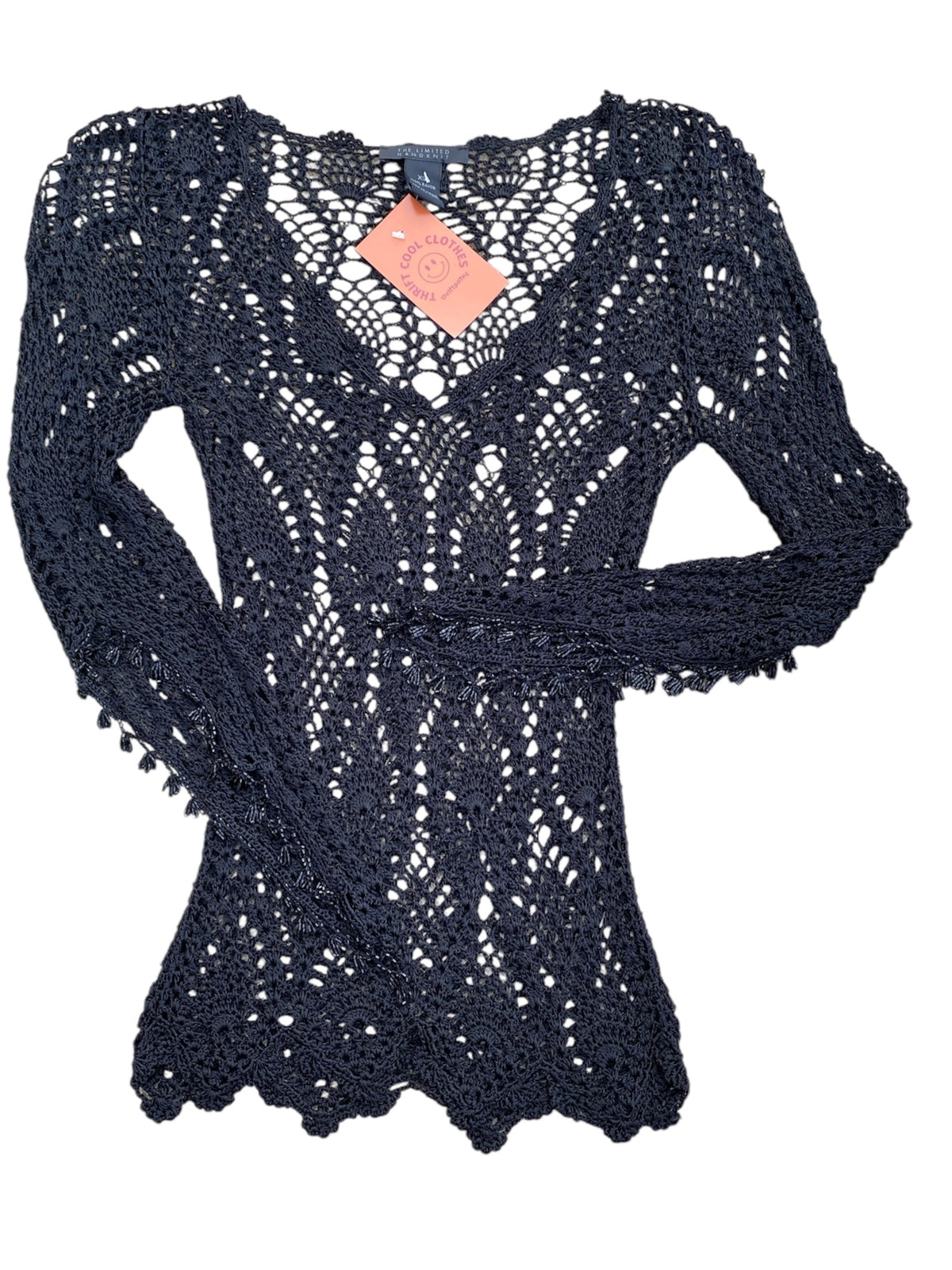 black the limited beaded sleeve crochet ls top, xs