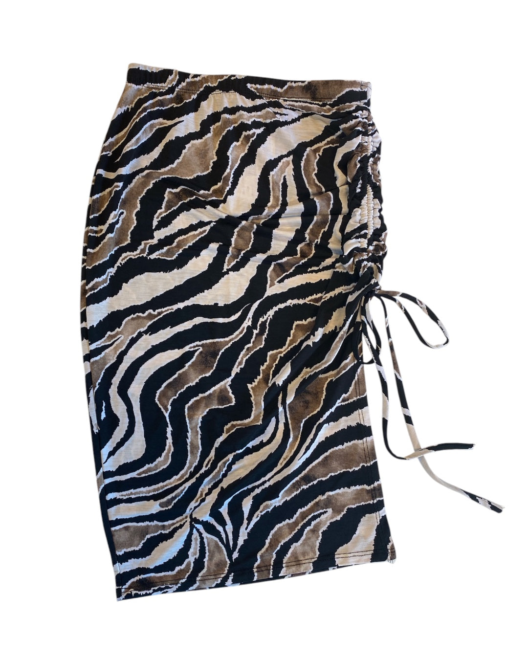 black white brown blue jasmine zebra ruched midi skirt, XS