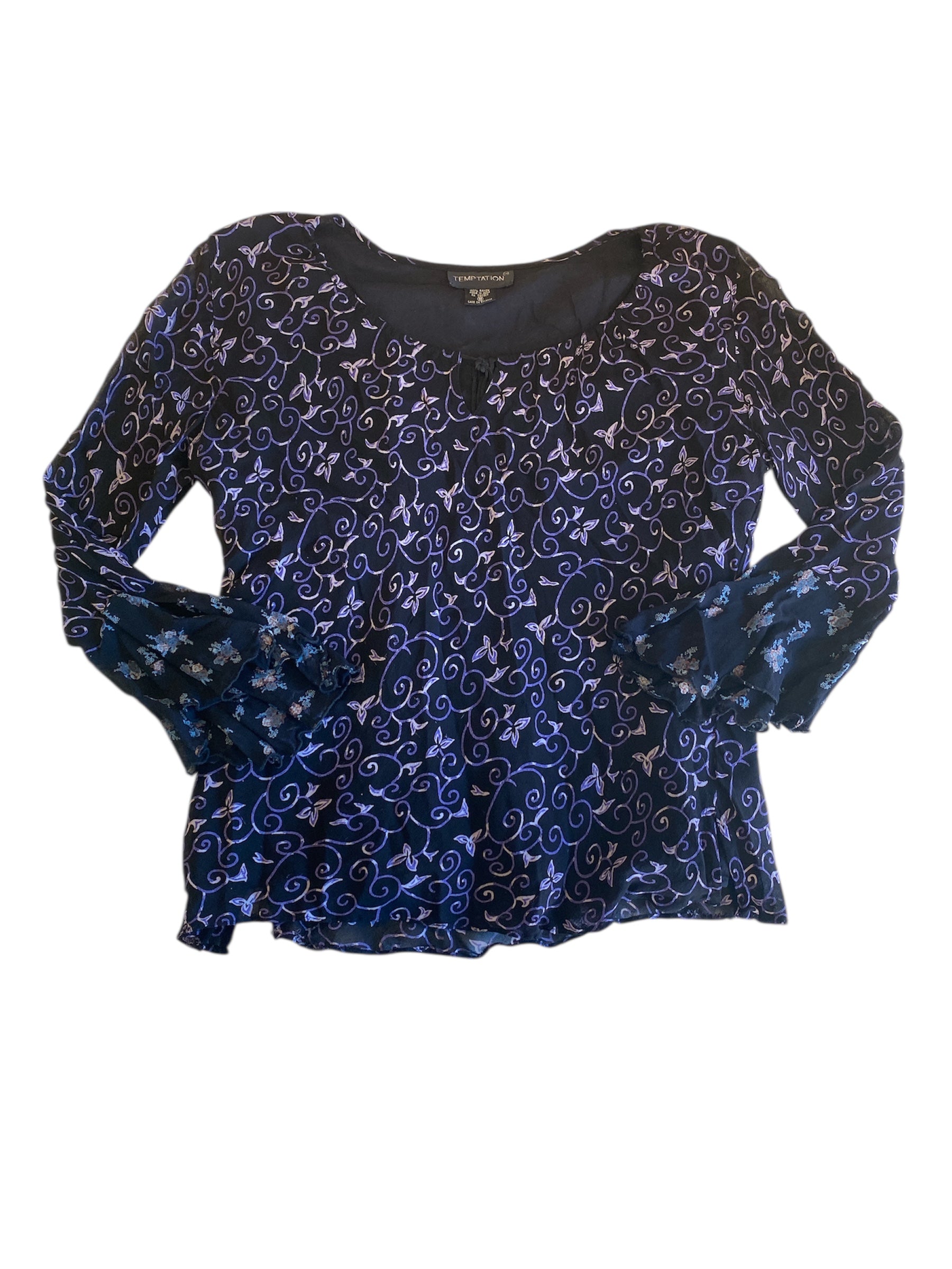black purple temptation vine print long bellsleeve top, m