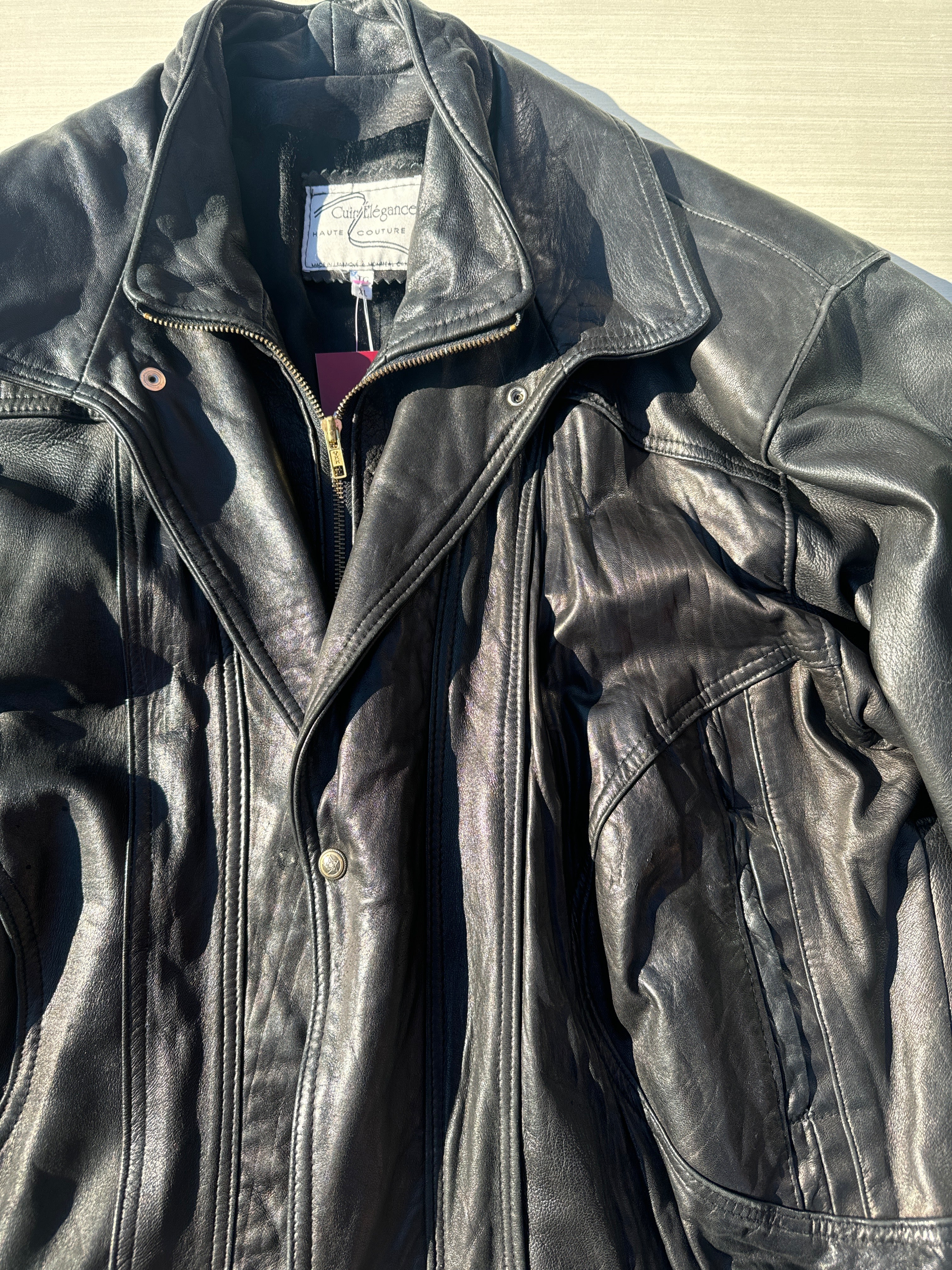 black cuir elegance chunky leather jacket, xl