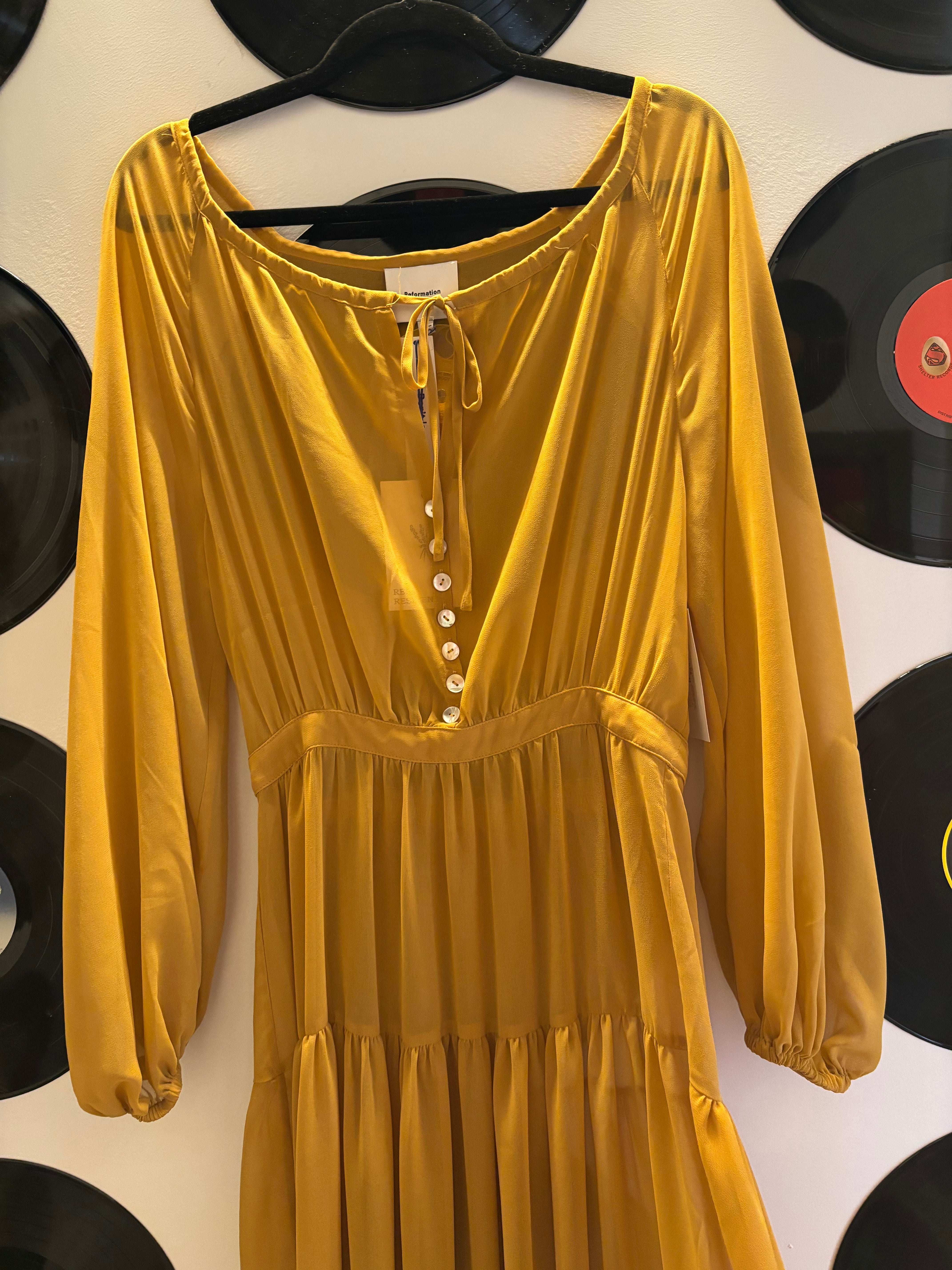 yellow reformation nwt smocked sheer dress, s