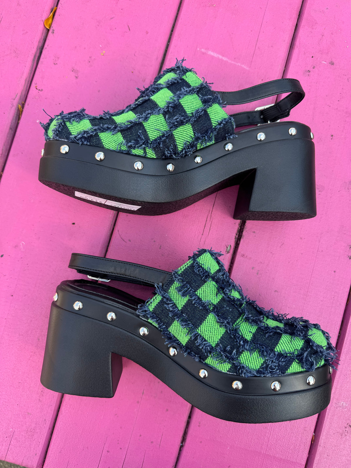 green blue denim studded checkered clogs, 37 (7.5)