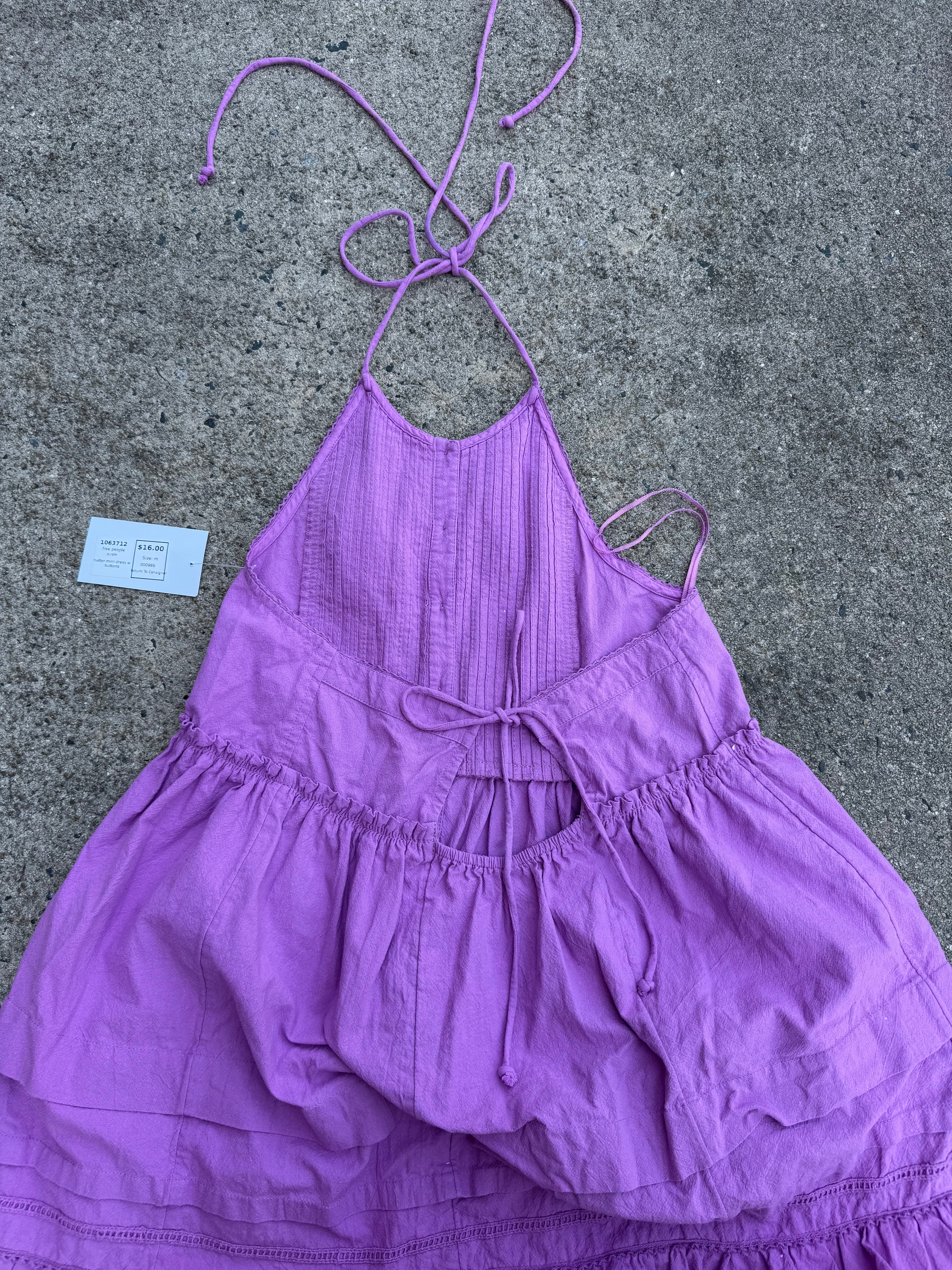 purple free people halter mini dress w buttons, m