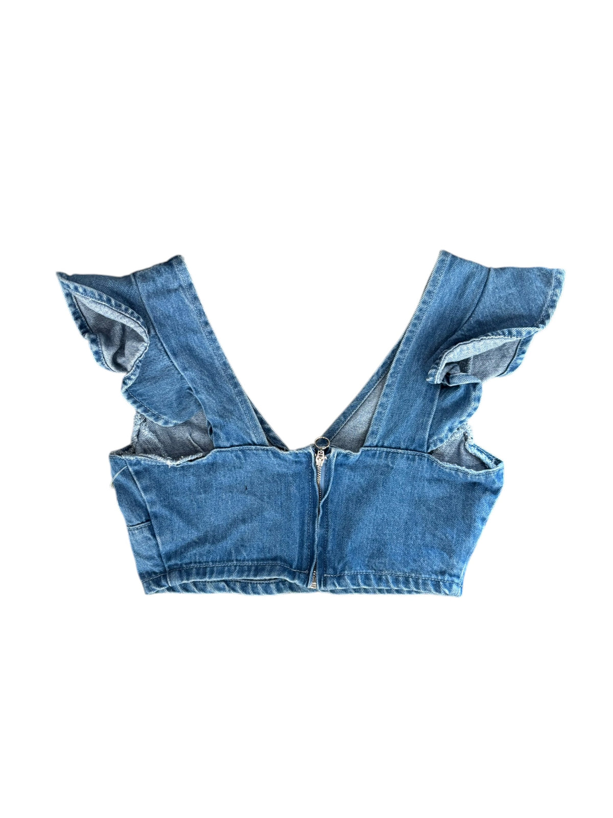 blue fashion nova ruffle denim bra top, xs