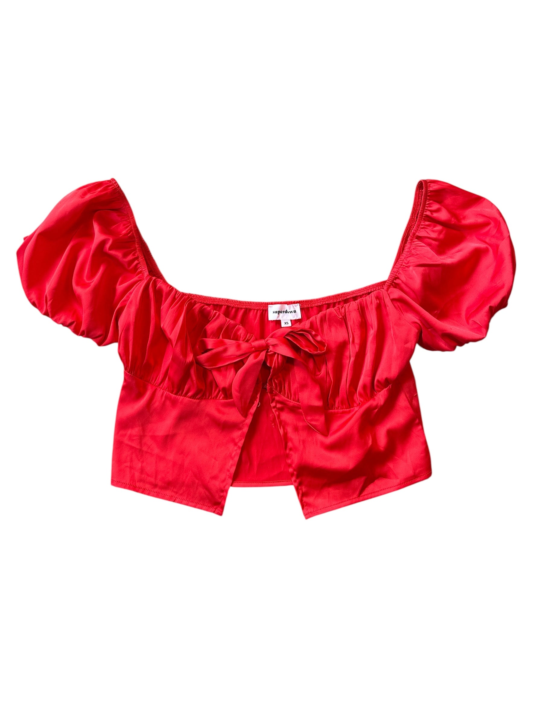 red superdown silky puff sleeve clasp top, xs
